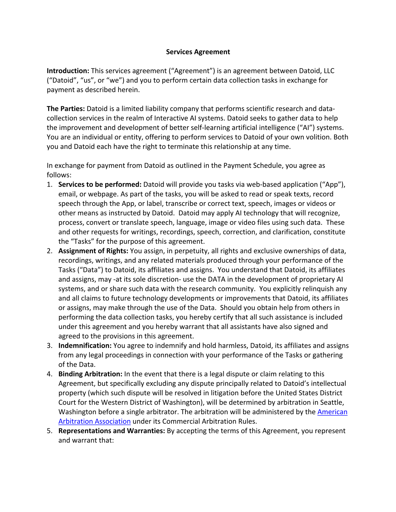 Services Agreement screenshot