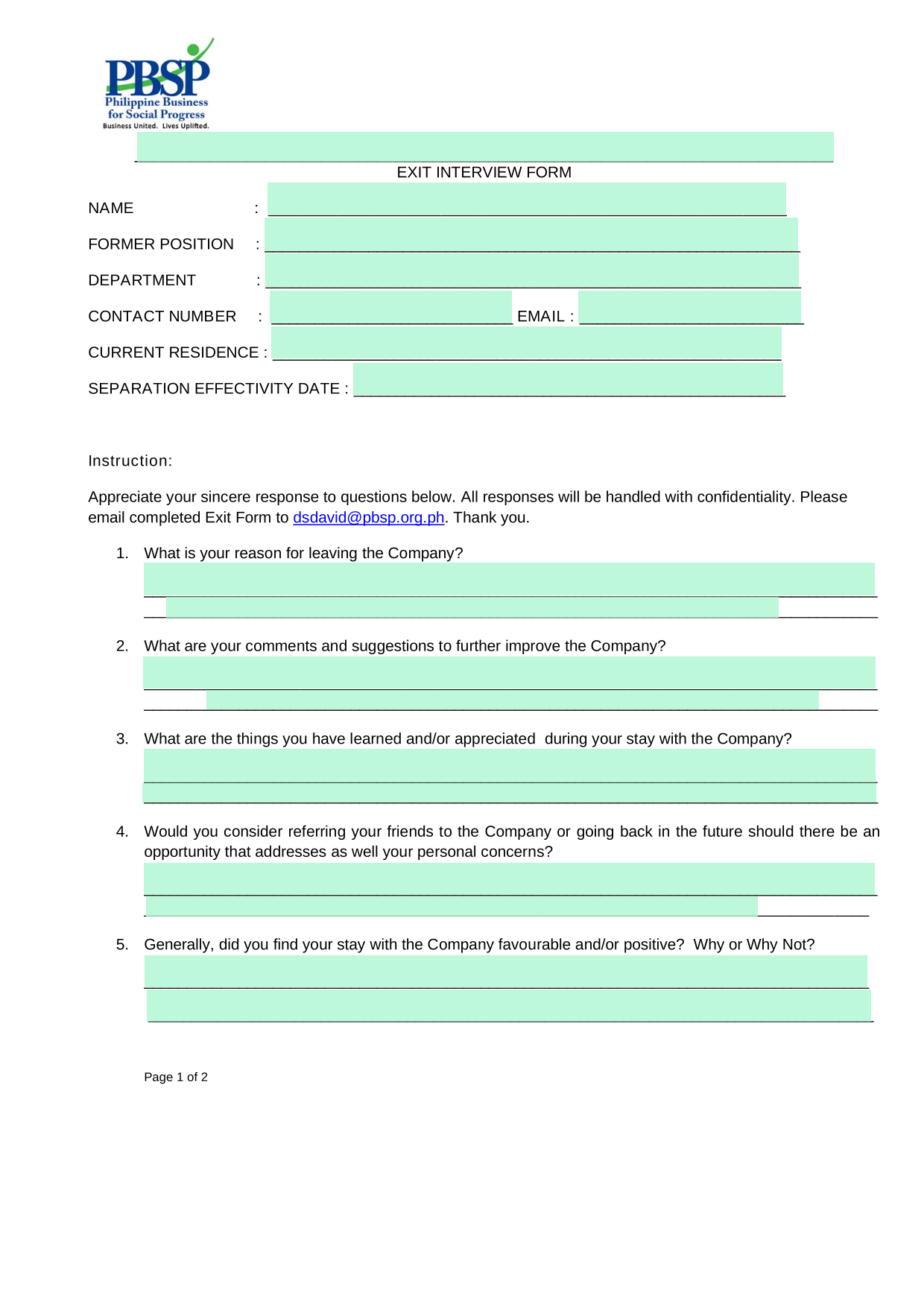EXIT INTERVIEW FORM screenshot