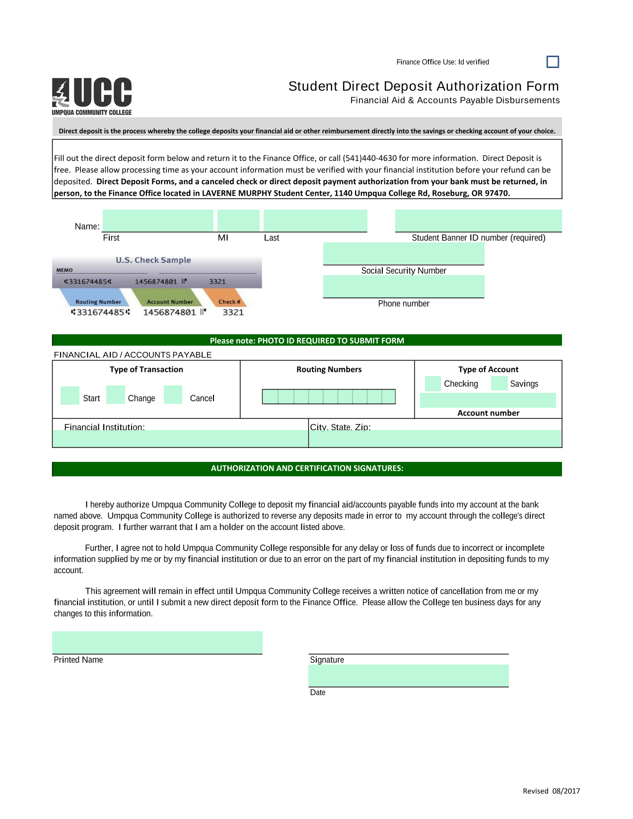 Student Direct Deposit Authorization Form screenshot
