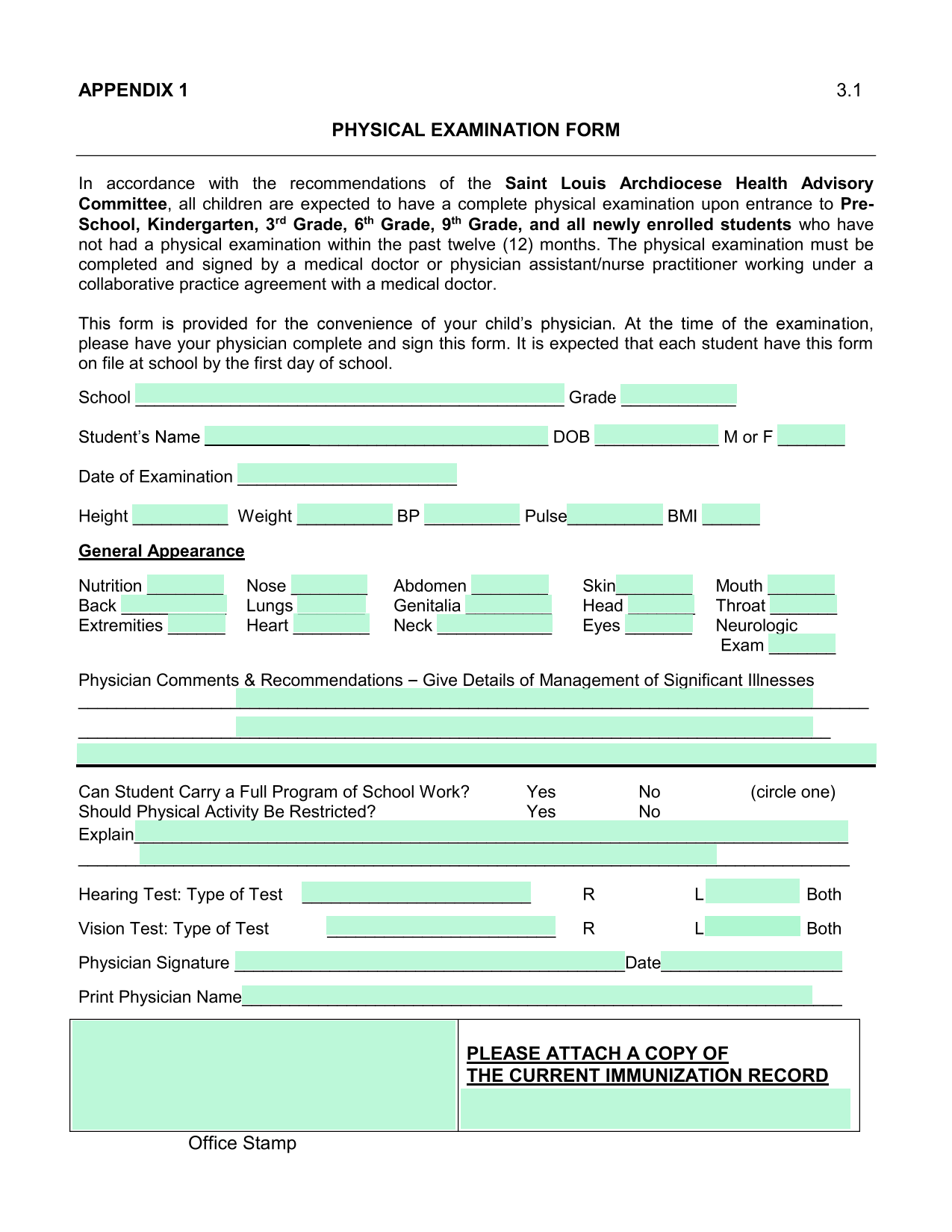 Physical Examination Form screenshot