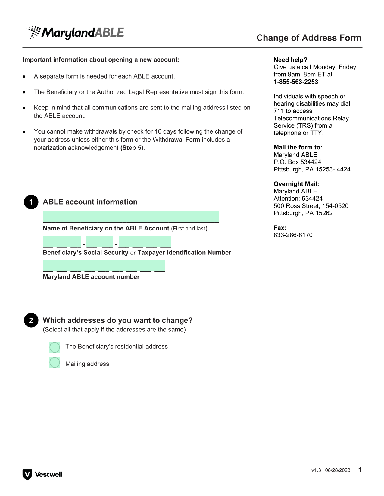 Change Of Address Form screenshot