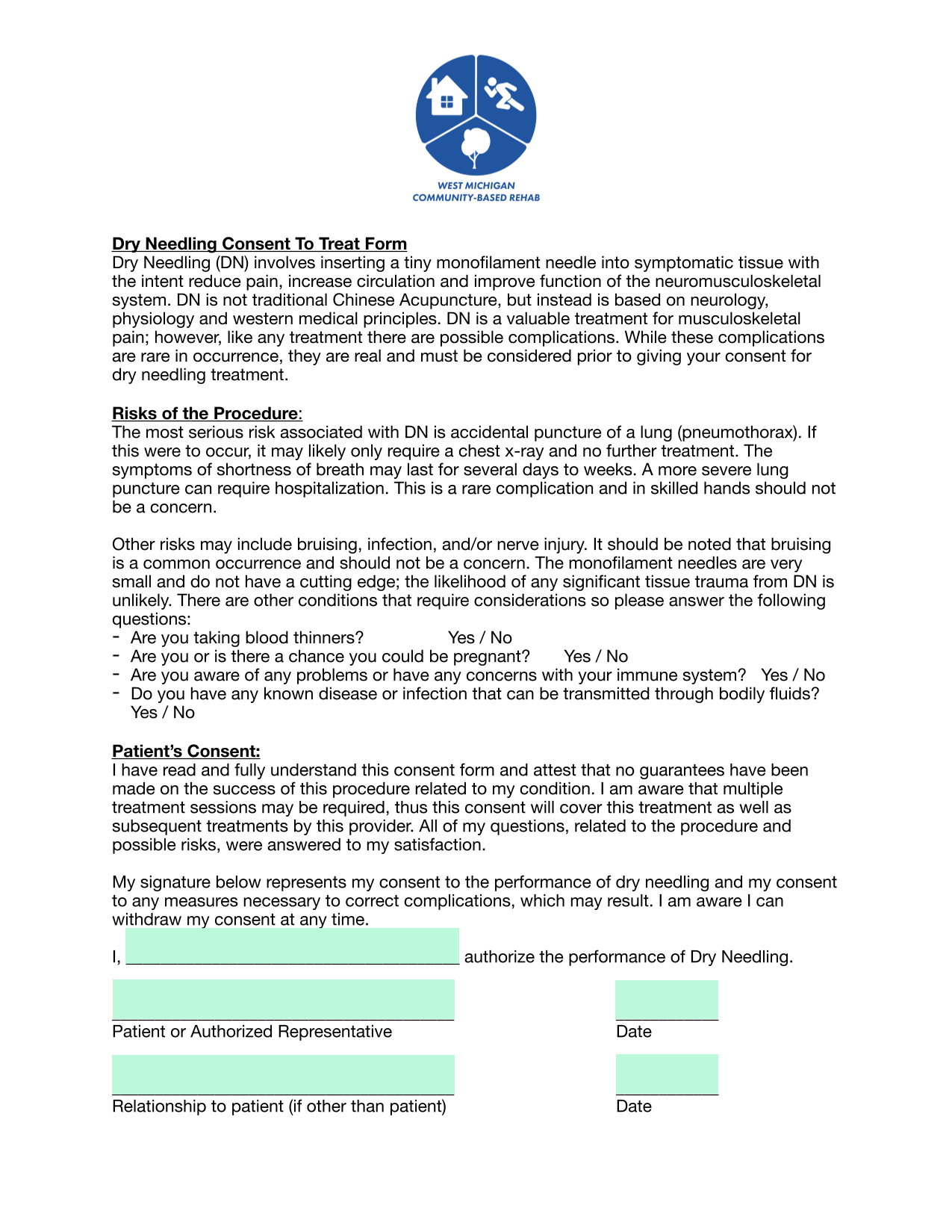 Dry Needling Consent To Treat Form screenshot