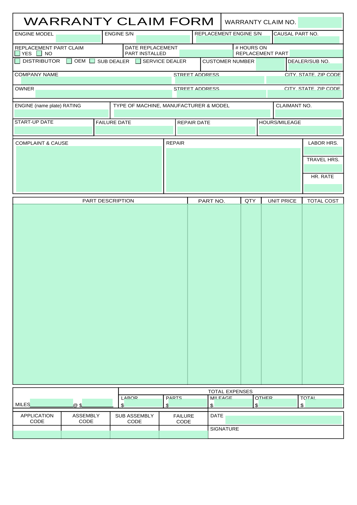 Warranty Claim Form screenshot