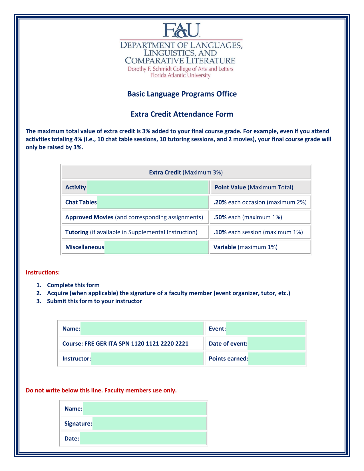Extra Credit Attendance Form screenshot