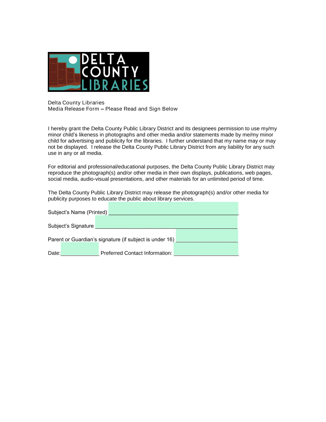 Media Release Form screenshot