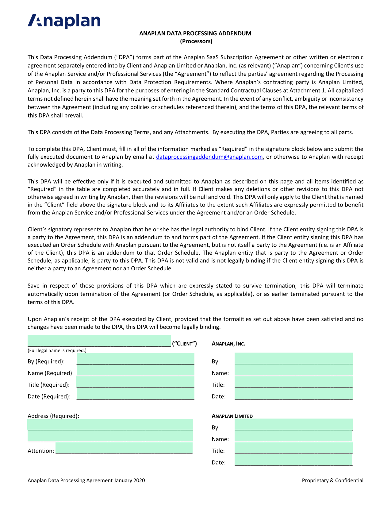 Anaplan Data Processing Addendum screenshot