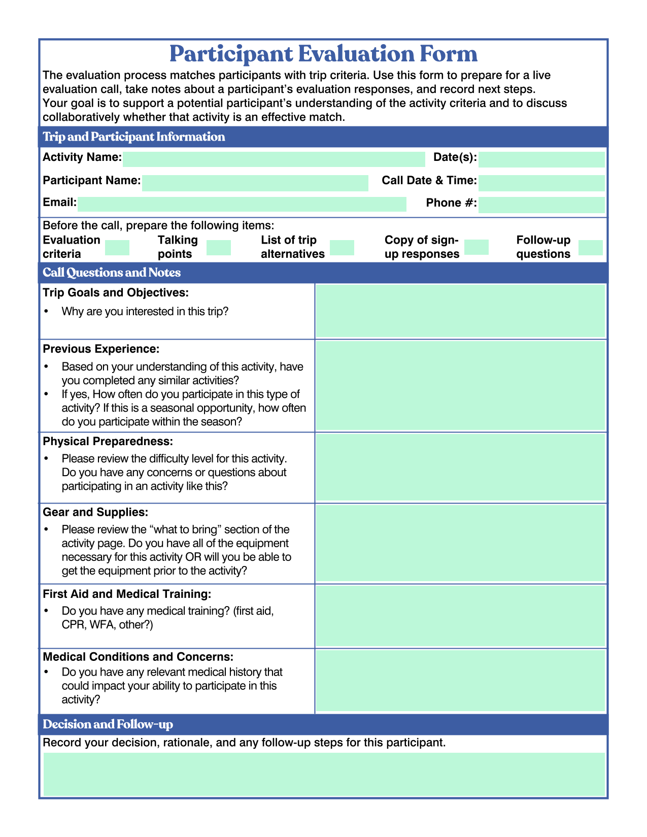 Participant Evaluation Form screenshot