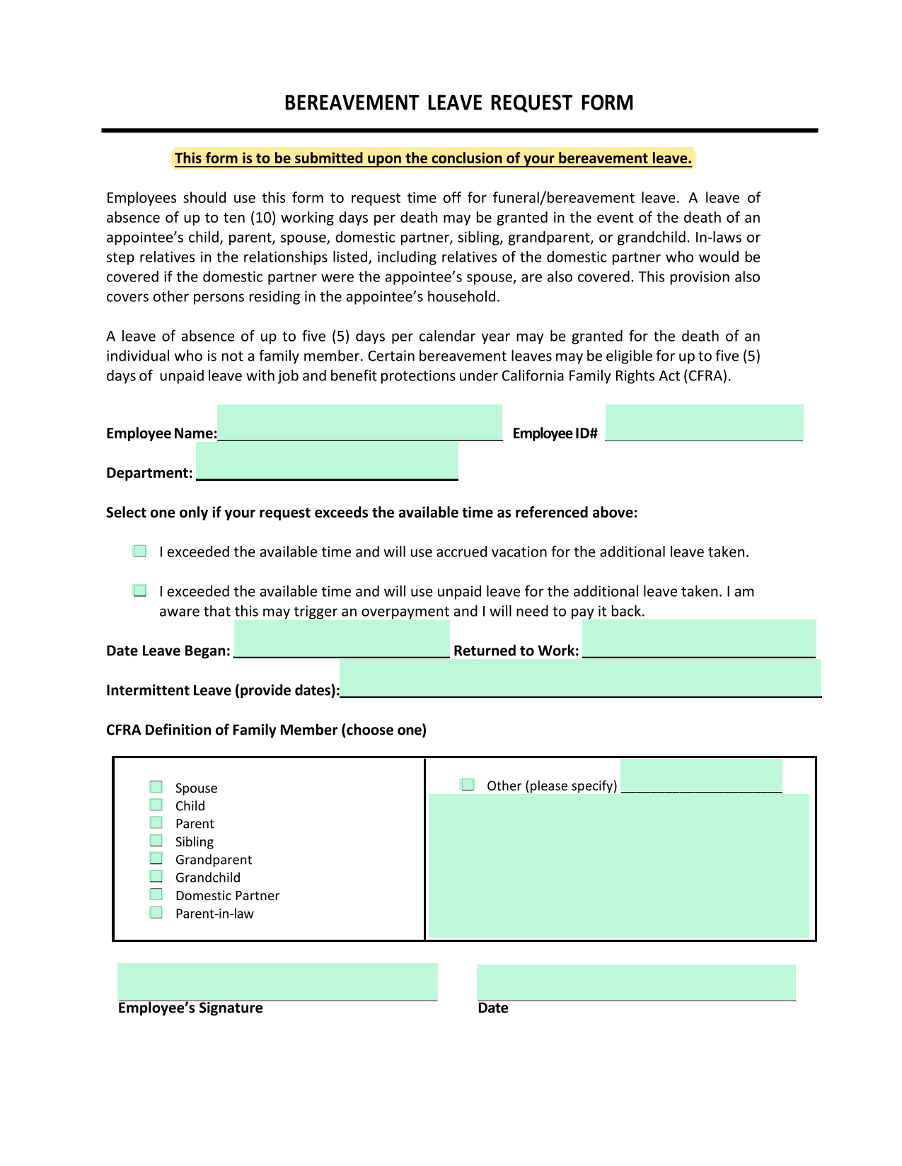 Bereavement Leave Request Form screenshot