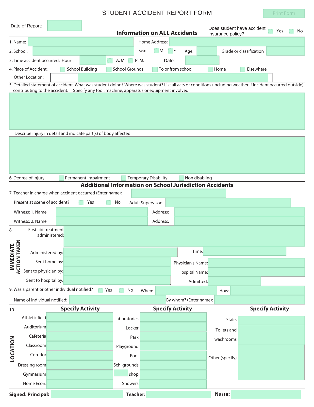 STUDENT ACCIDENT REPORT FORM screenshot
