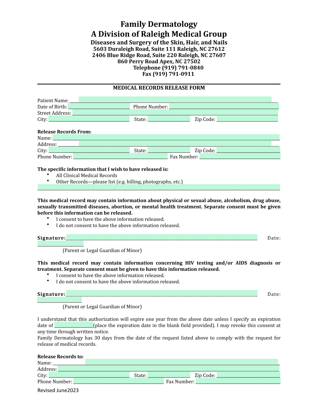 MEDICAL RECORDS RELEASE FORM screenshot