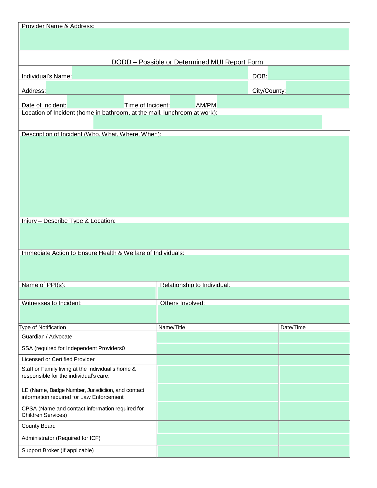 DODD  Possible Or Determined MUI Report Form screenshot