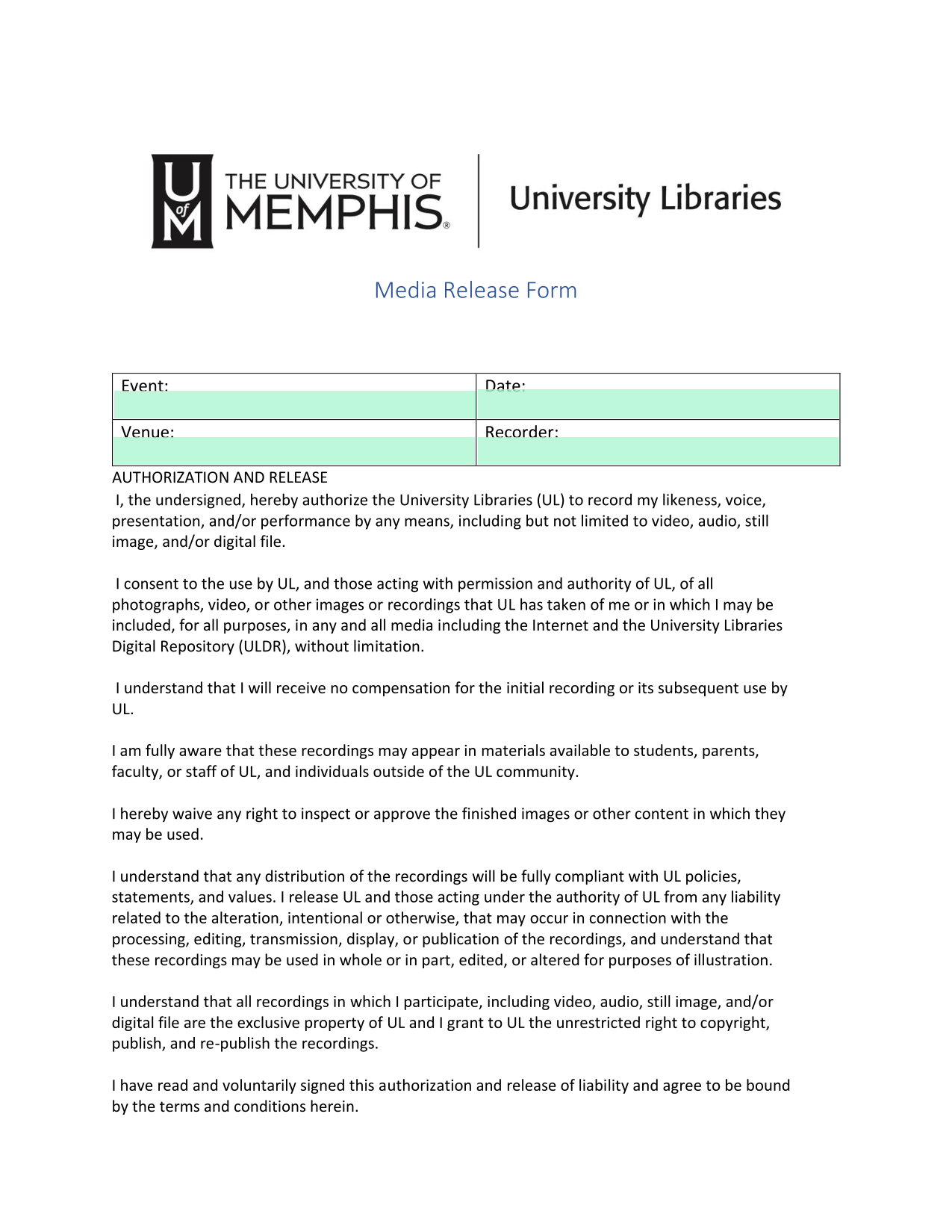 Media Release Form screenshot