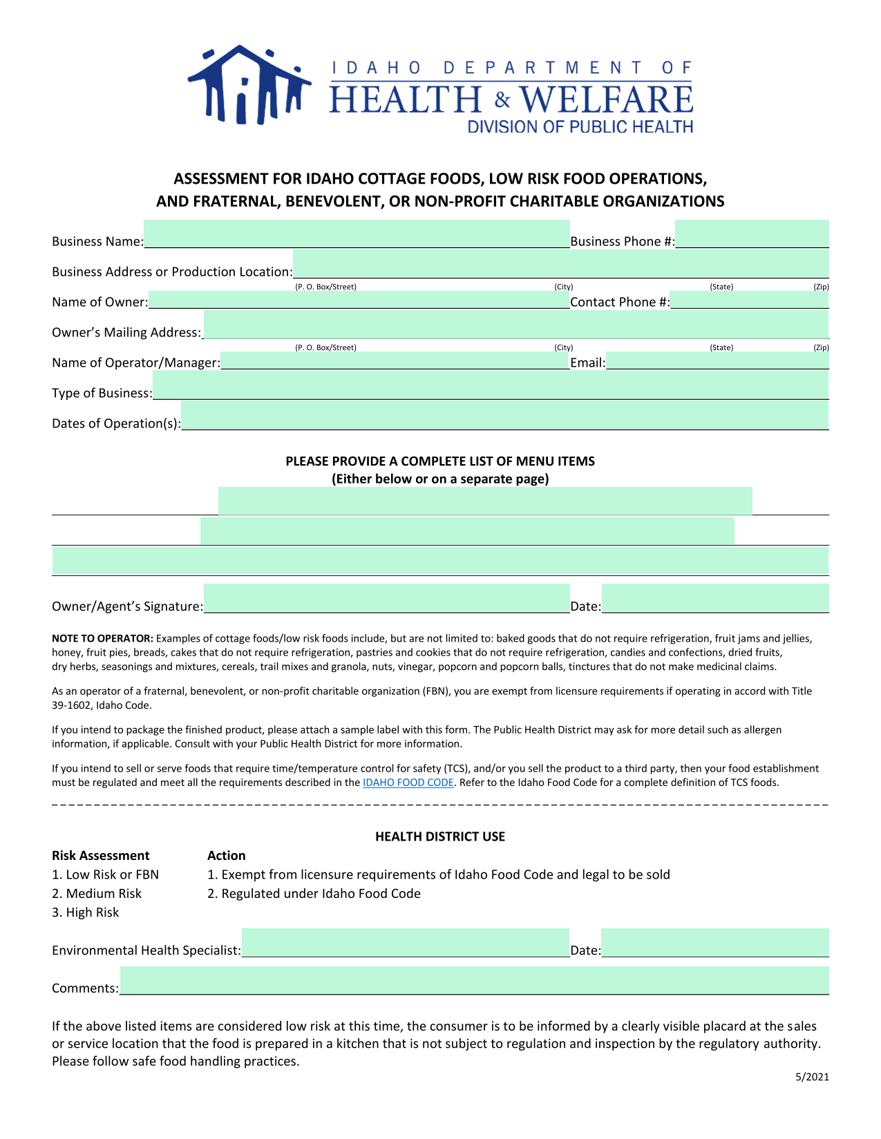 ASSESSMENT FOR IDAHO COTTAGE FOODS, LOW RISK FOOD OPERATIONS, AND FRATERNAL, BENEVOLENT, OR NON PROF screenshot