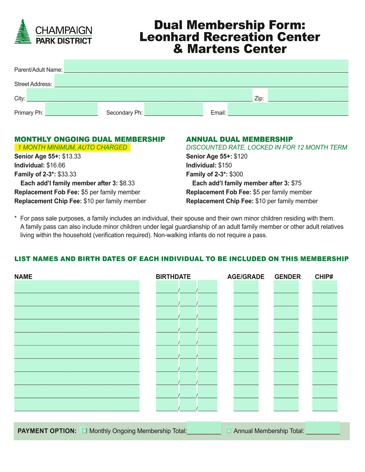 Dual Membership Form Leonhard Recreation Center  Martens Center screenshot
