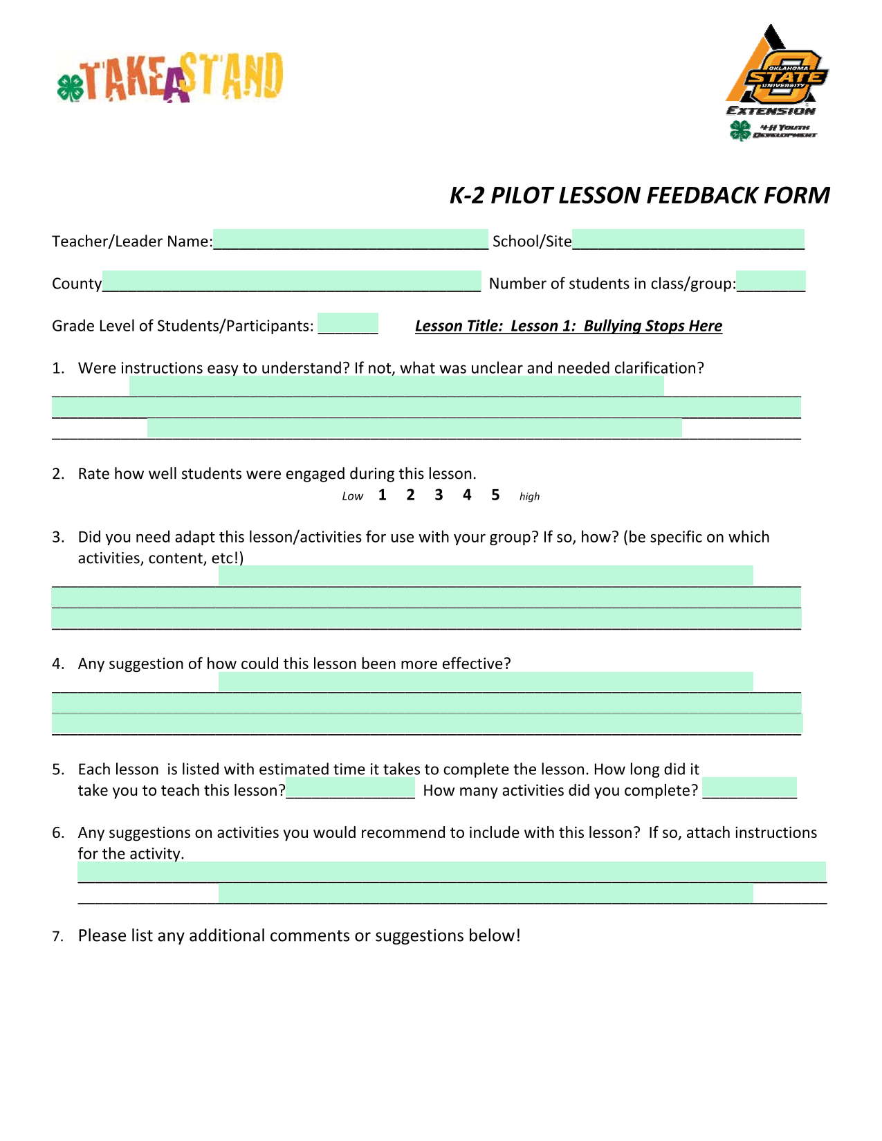 K 2 PILOT LESSON FEEDBACK FORM screenshot
