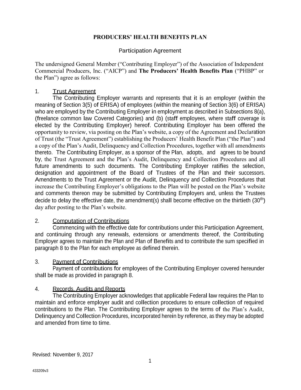 Producers Health Benefits Plan Participation Agreement screenshot