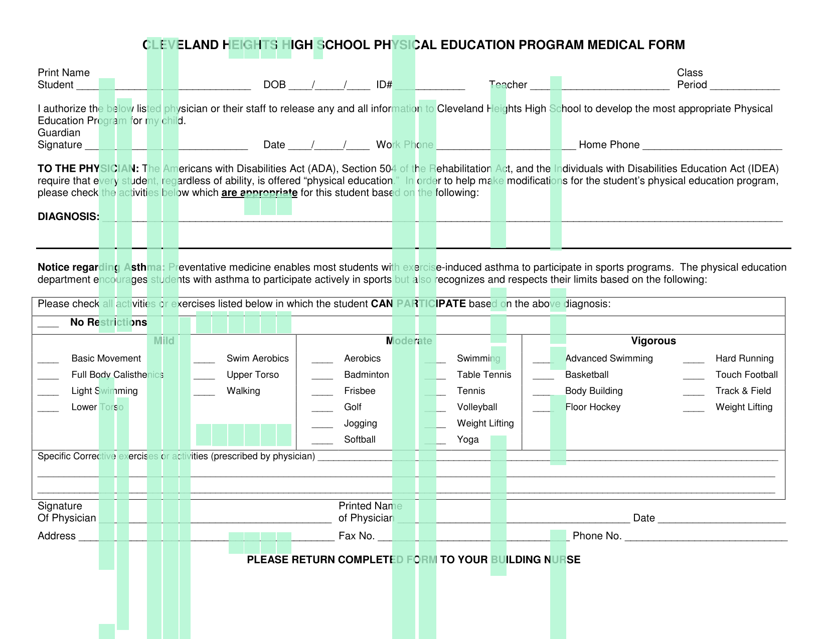 Cleveland Heights High School Physical Education Program Medical Form screenshot