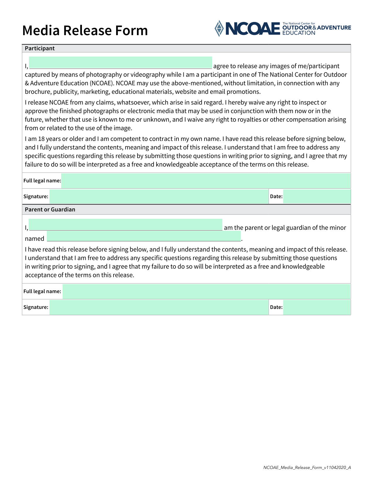 Media Release Form screenshot