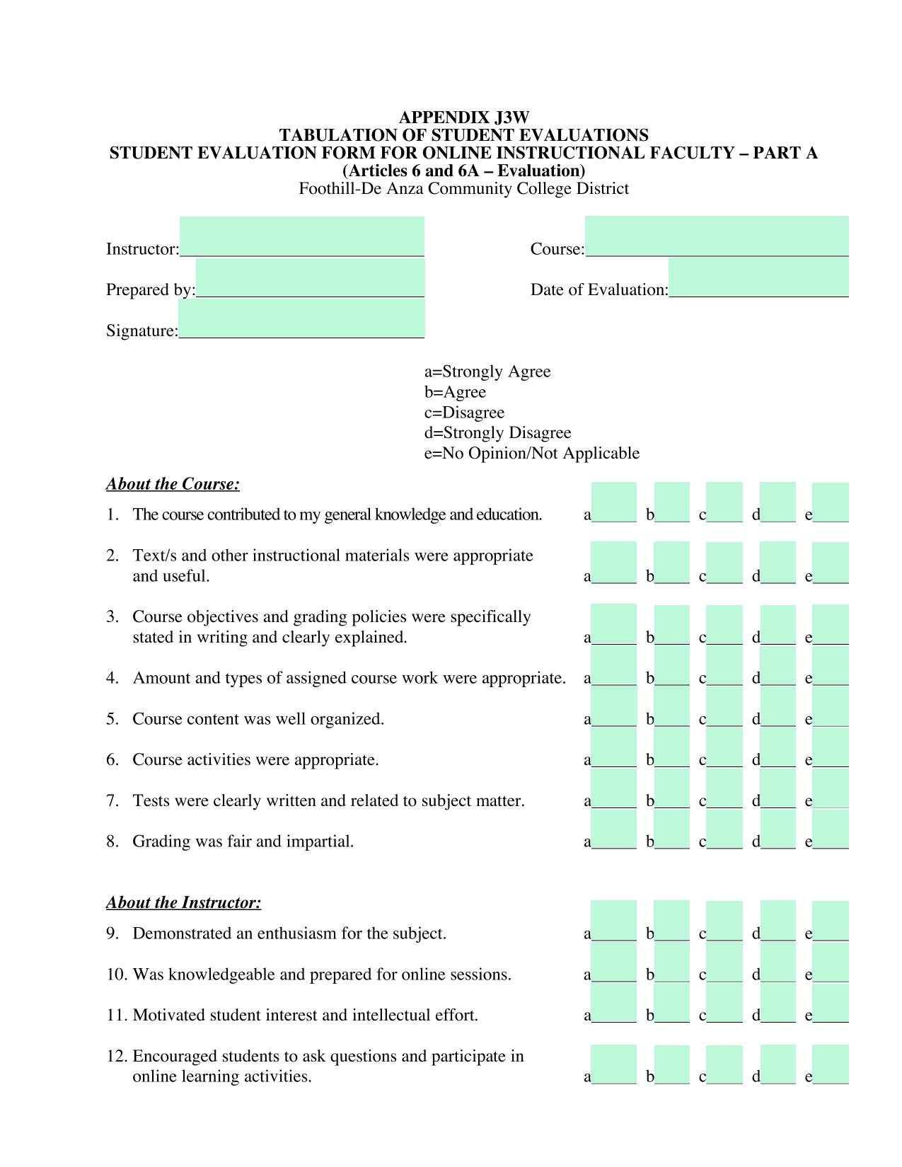 STUDENT EVALUATION FORM FOR ONLINE INSTRUCTIONAL FACULTY  PART A screenshot