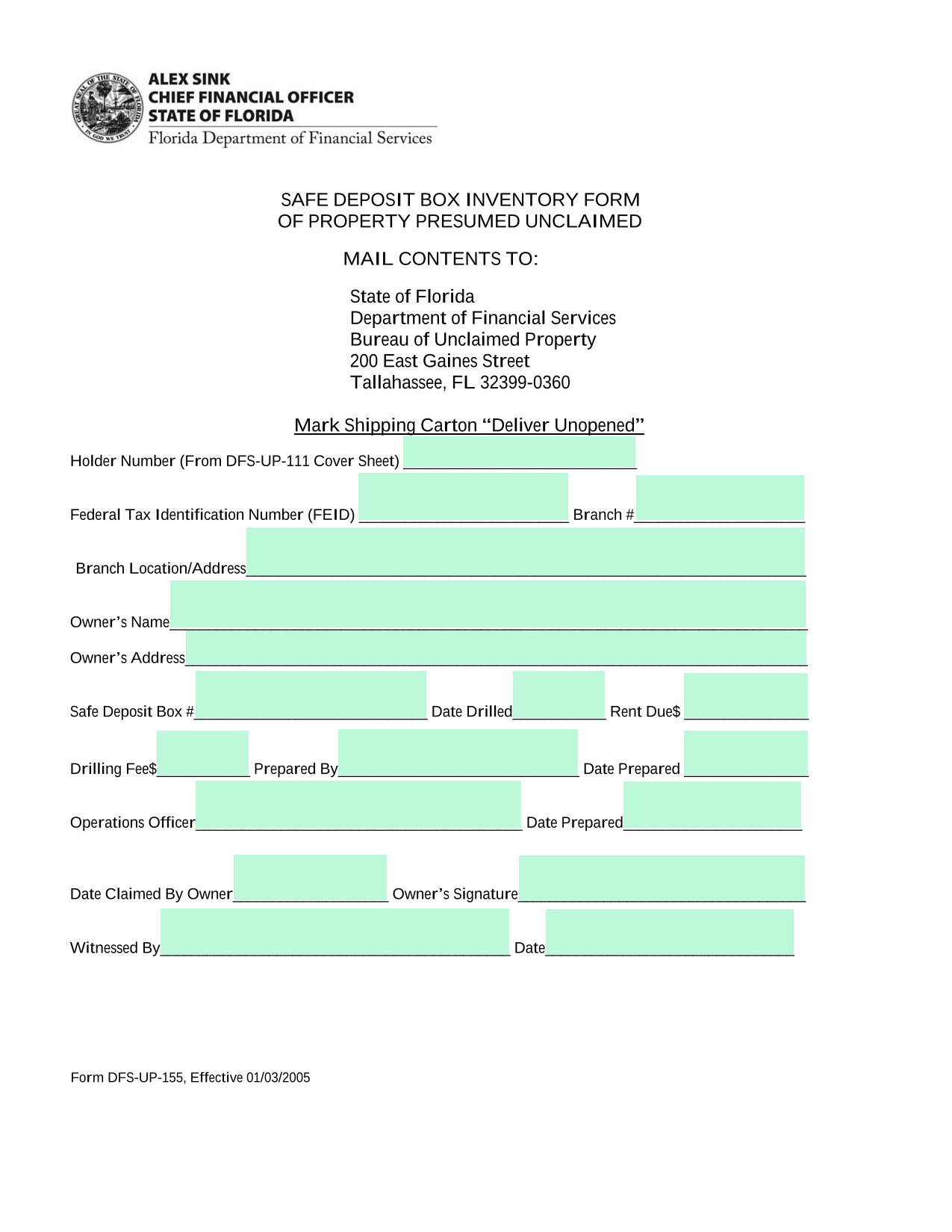 SAFE DEPOSIT BOX INVENTORY FORM OF PROPERTY PRESUMED UNCLAIMED screenshot