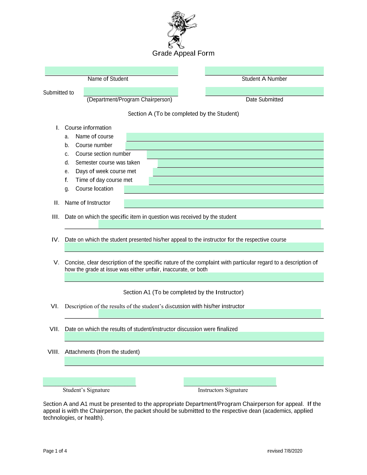 Grade Appeal Form screenshot