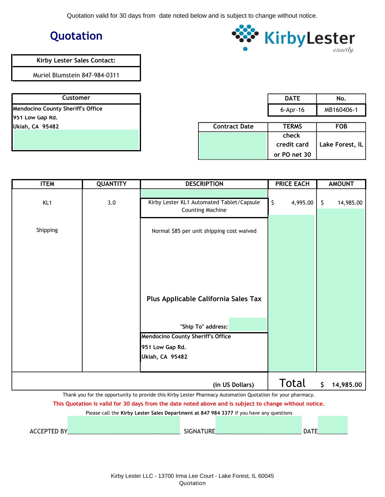 Quotation screenshot