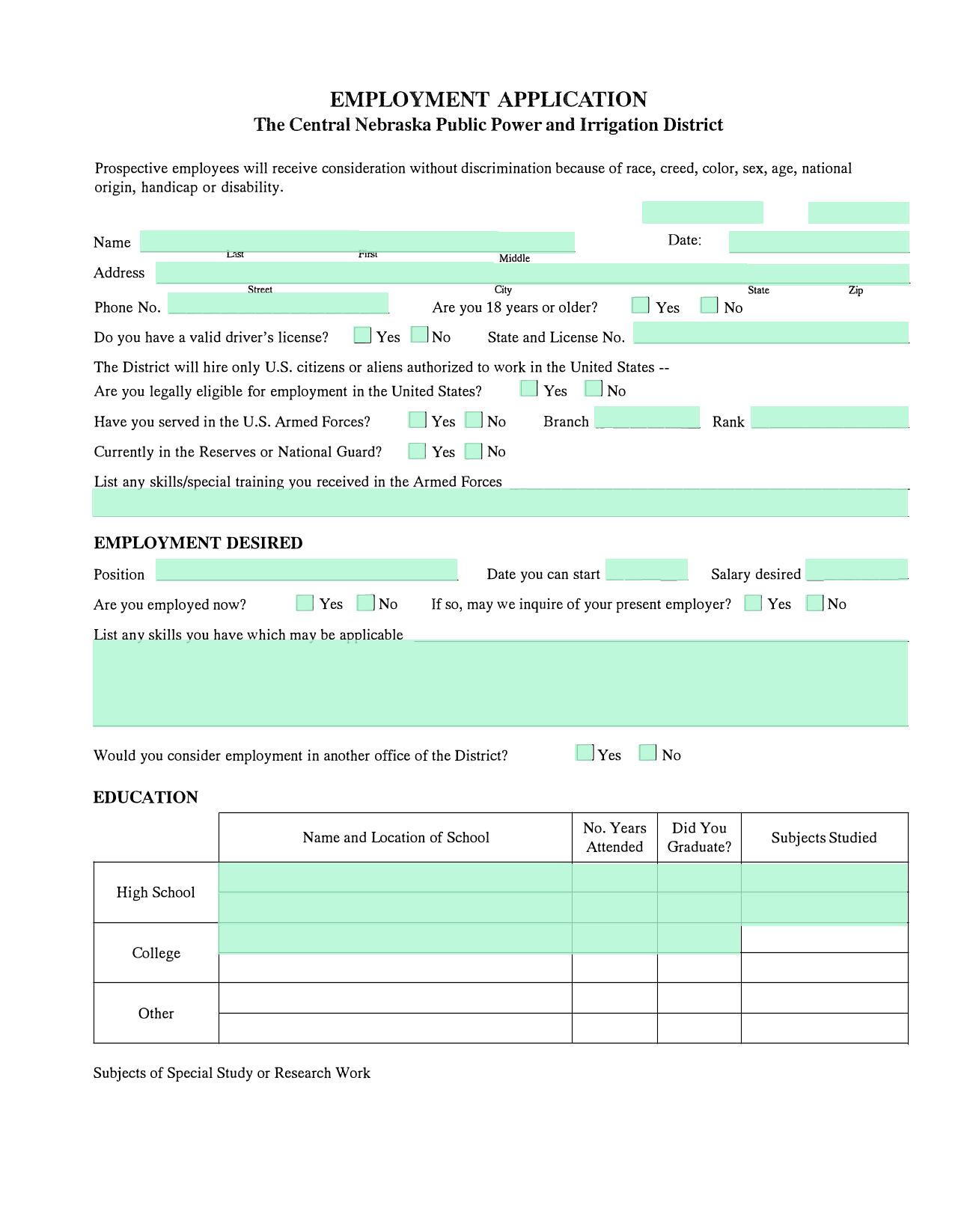 Employment Application screenshot
