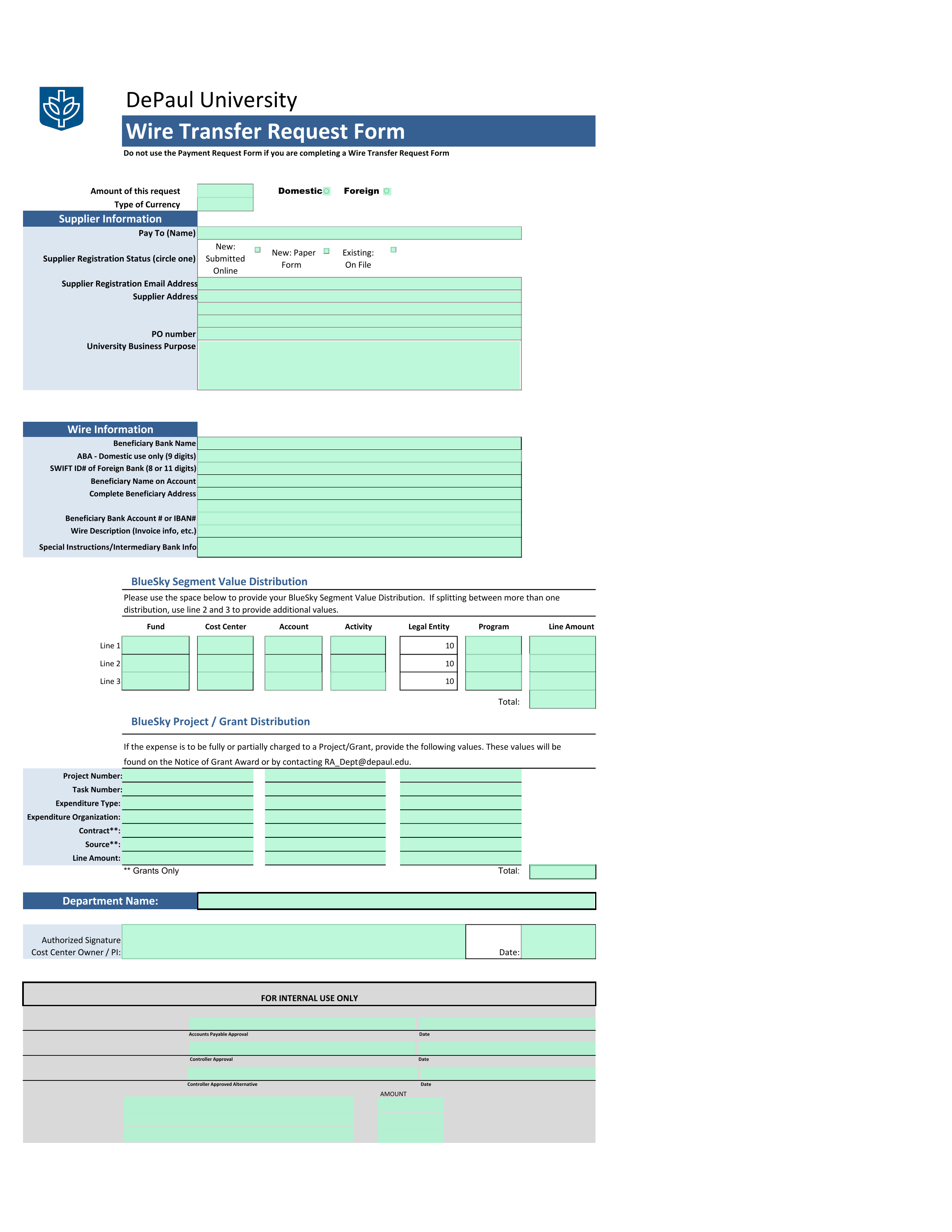 Wire Transfer Request Form screenshot