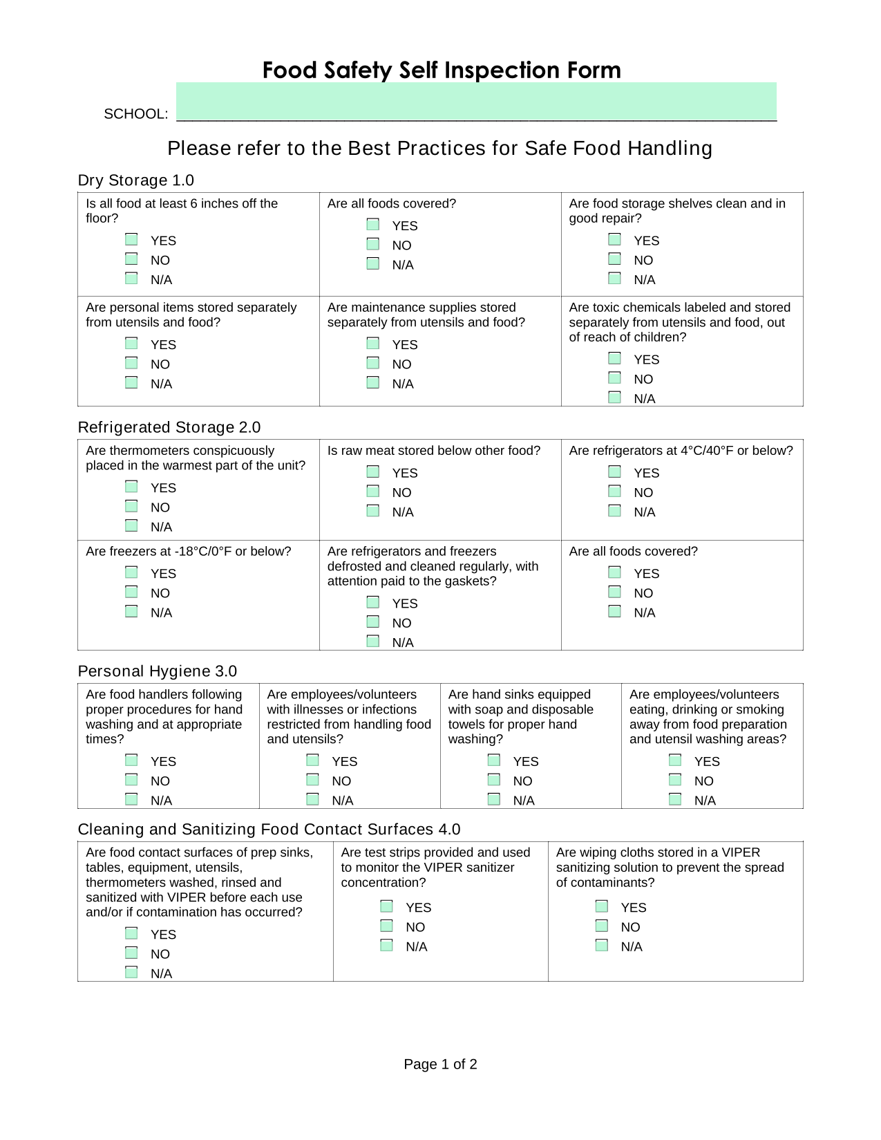 Food Safety Self Inspection Form screenshot