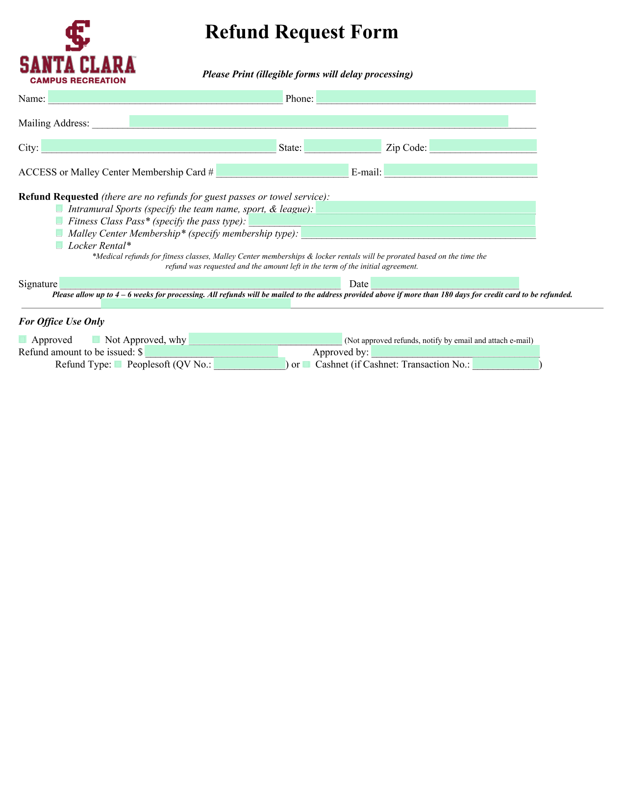 Refund Request Form screenshot