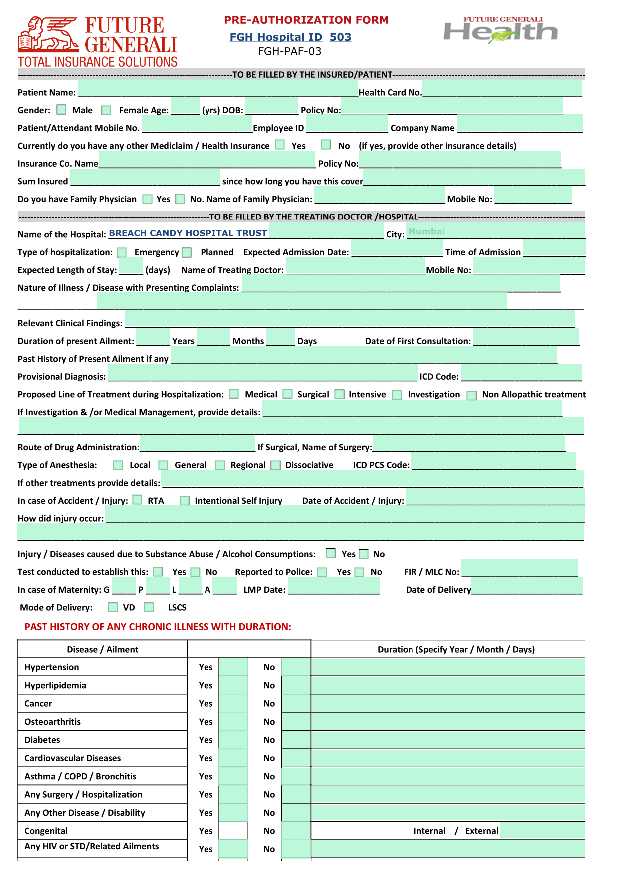 Pre Authorization Form screenshot