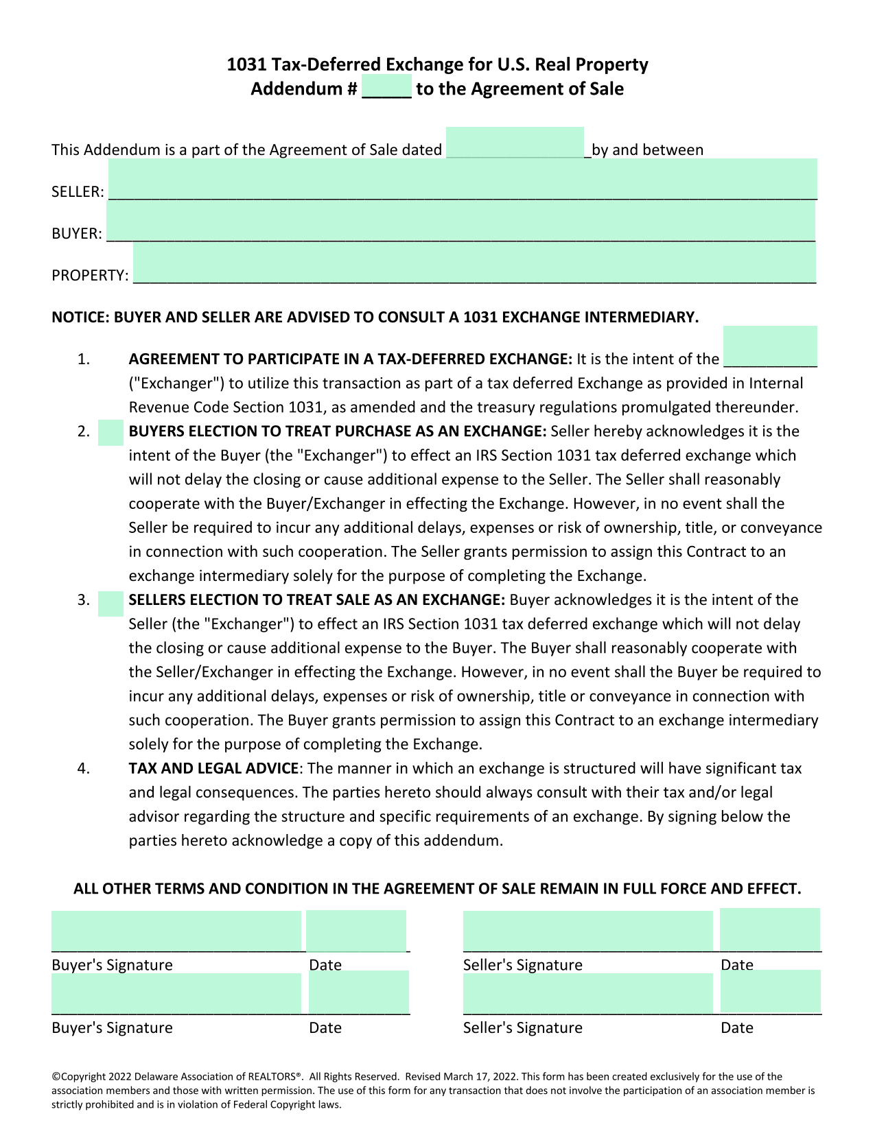 1031 Tax Deferred Exchange For U.S. Real Property Addendum screenshot