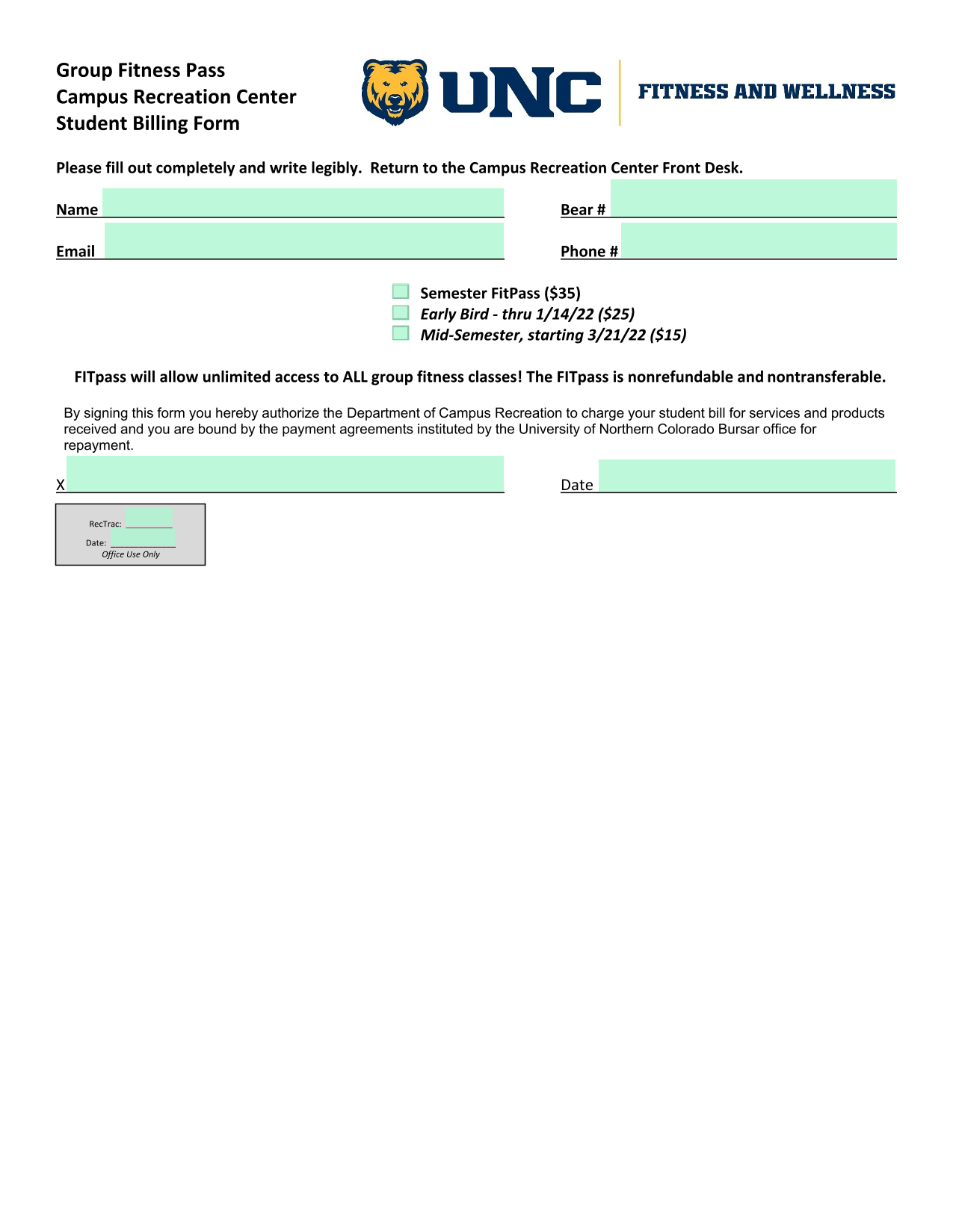 Group Fitness Pass Student Billing Form screenshot