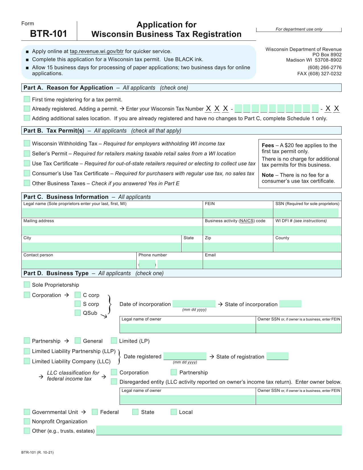 BTR 101 Application For Wisconsin Business Tax Registration screenshot