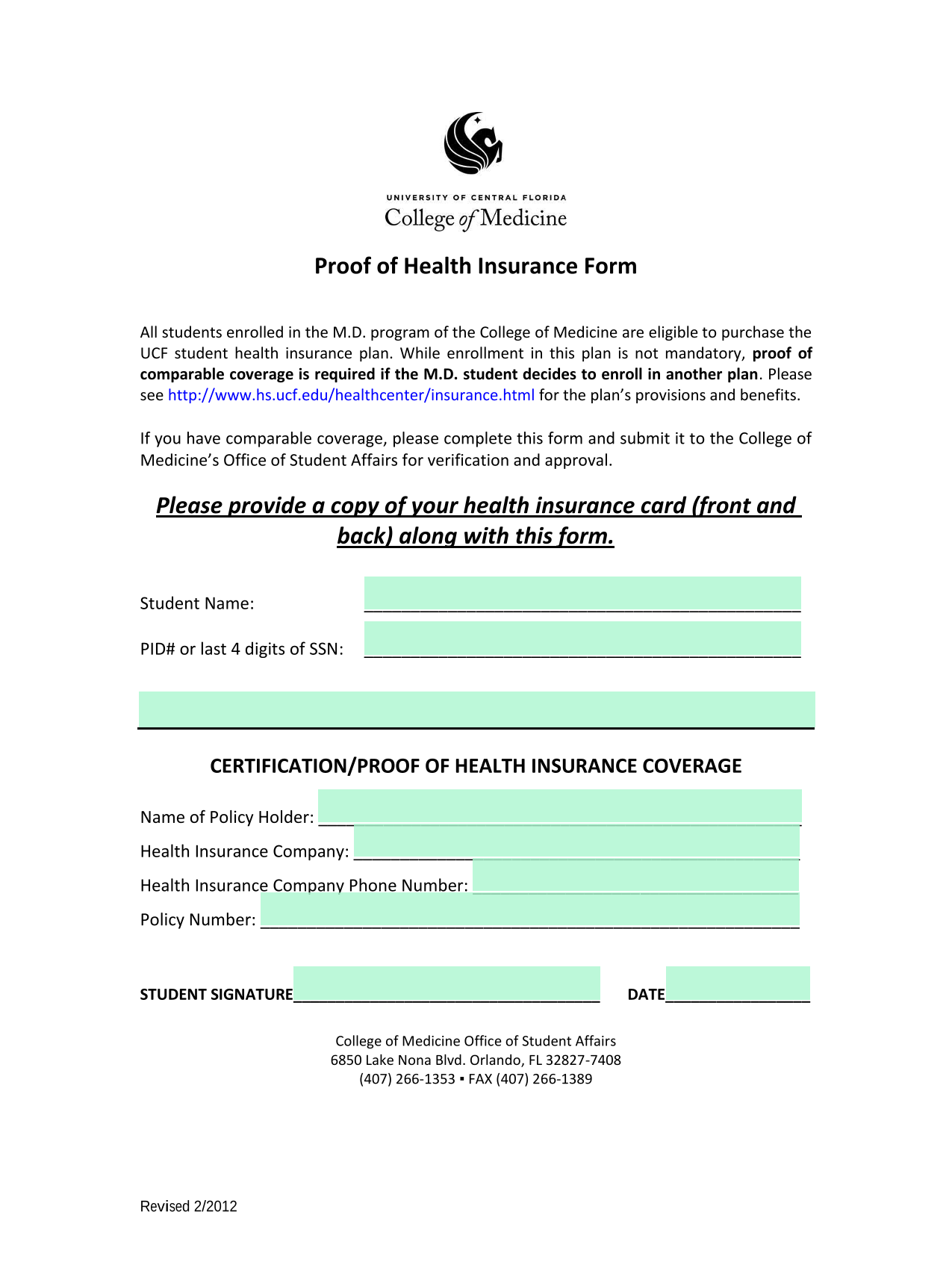 Proof Of Health Insurance Form screenshot