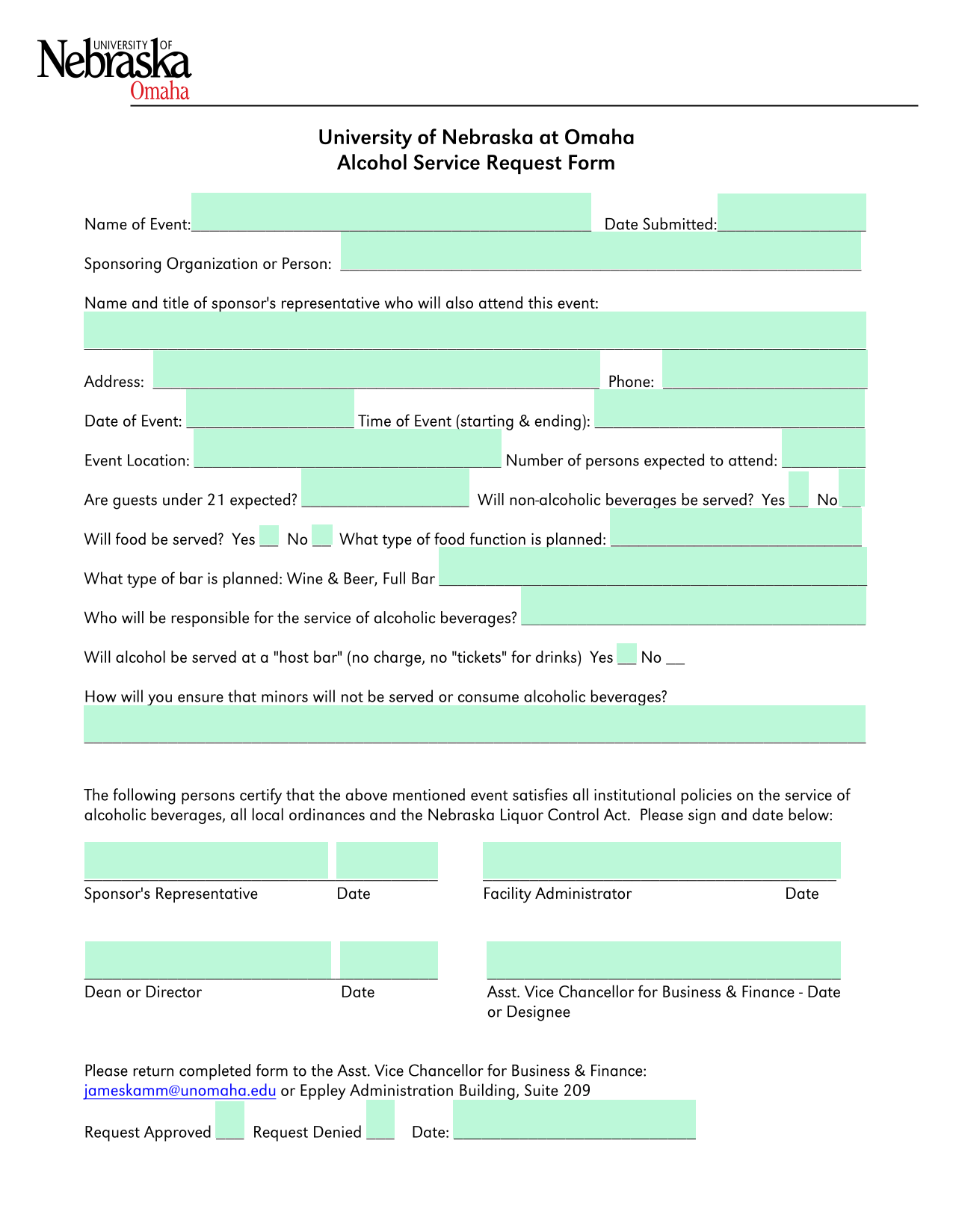 Alcohol Service Request Form screenshot