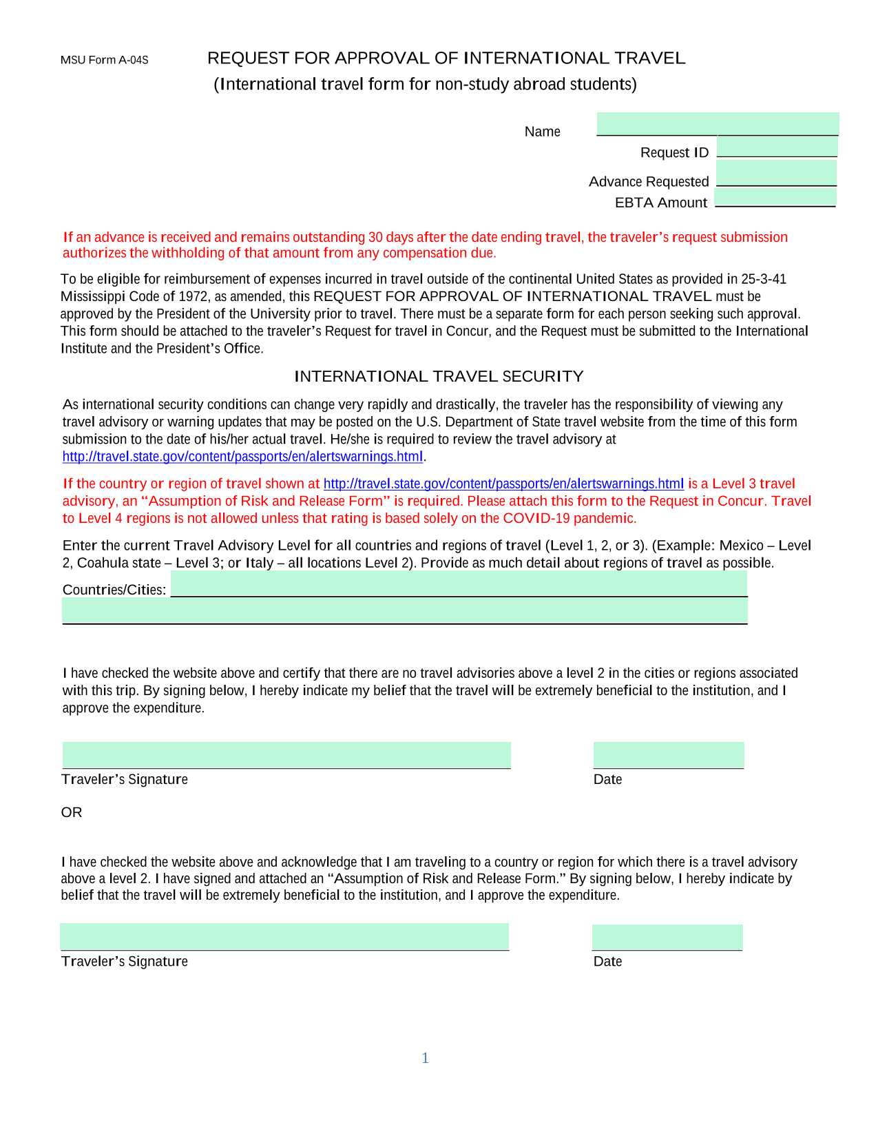 MSU Form A 04S   Request For Approval Of International Travel screenshot