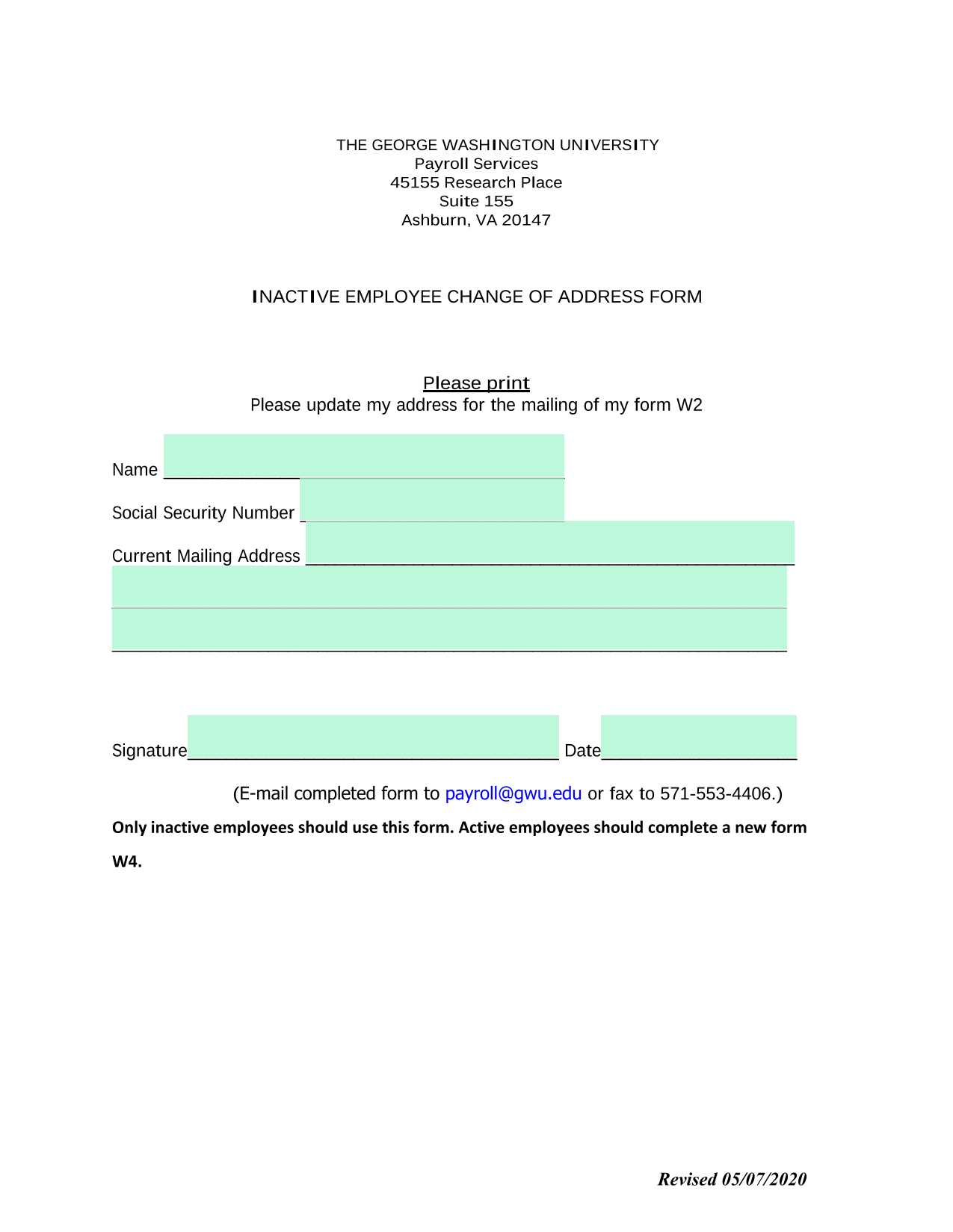 Inactive Employee Change Of Address Form screenshot