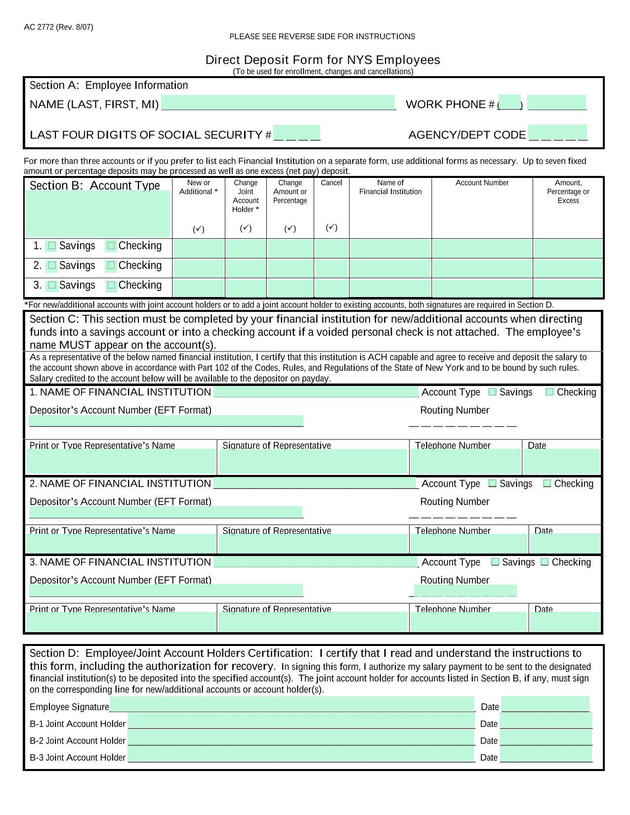 Direct Deposit Form For NYS Employees screenshot