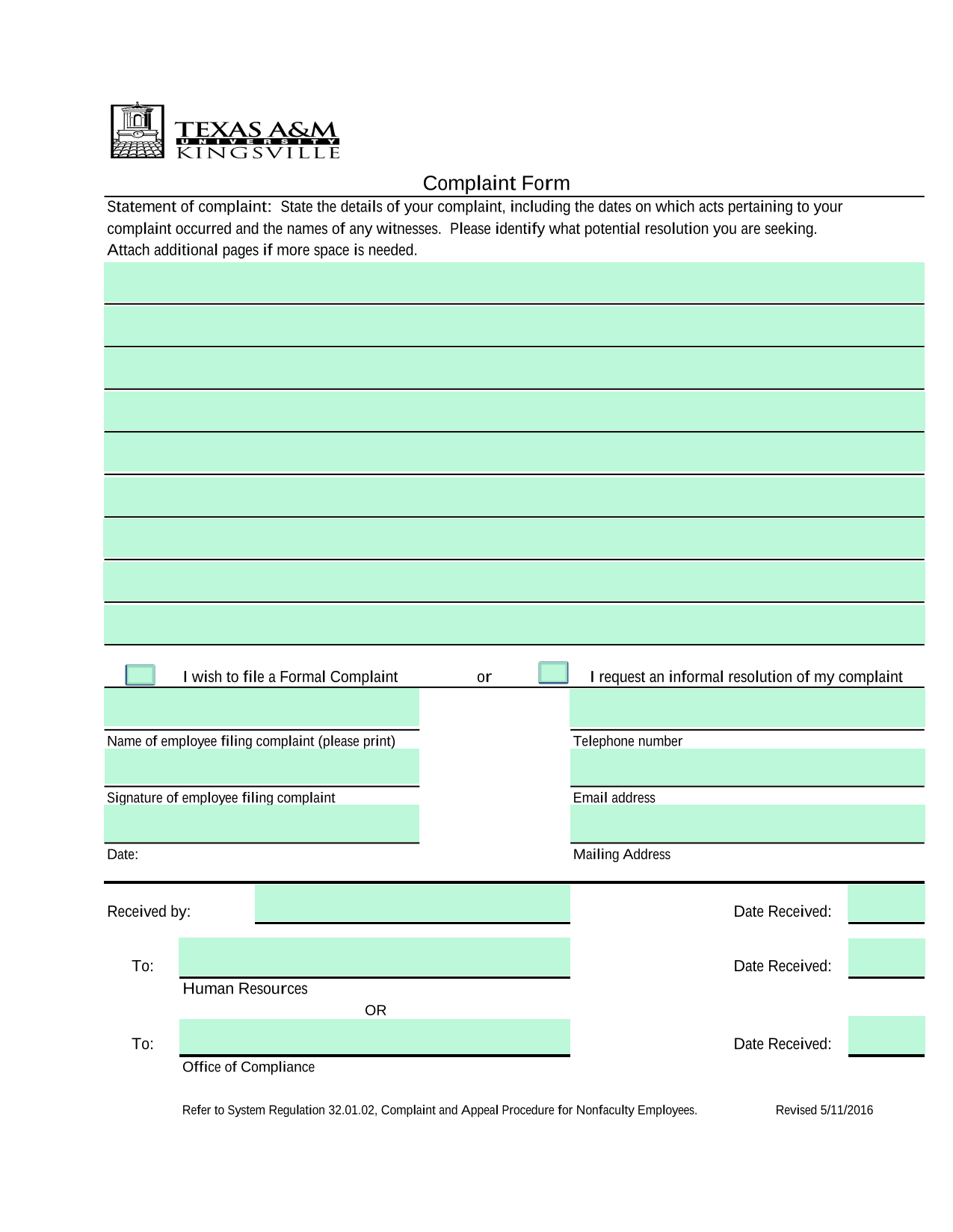 Complaint Form screenshot