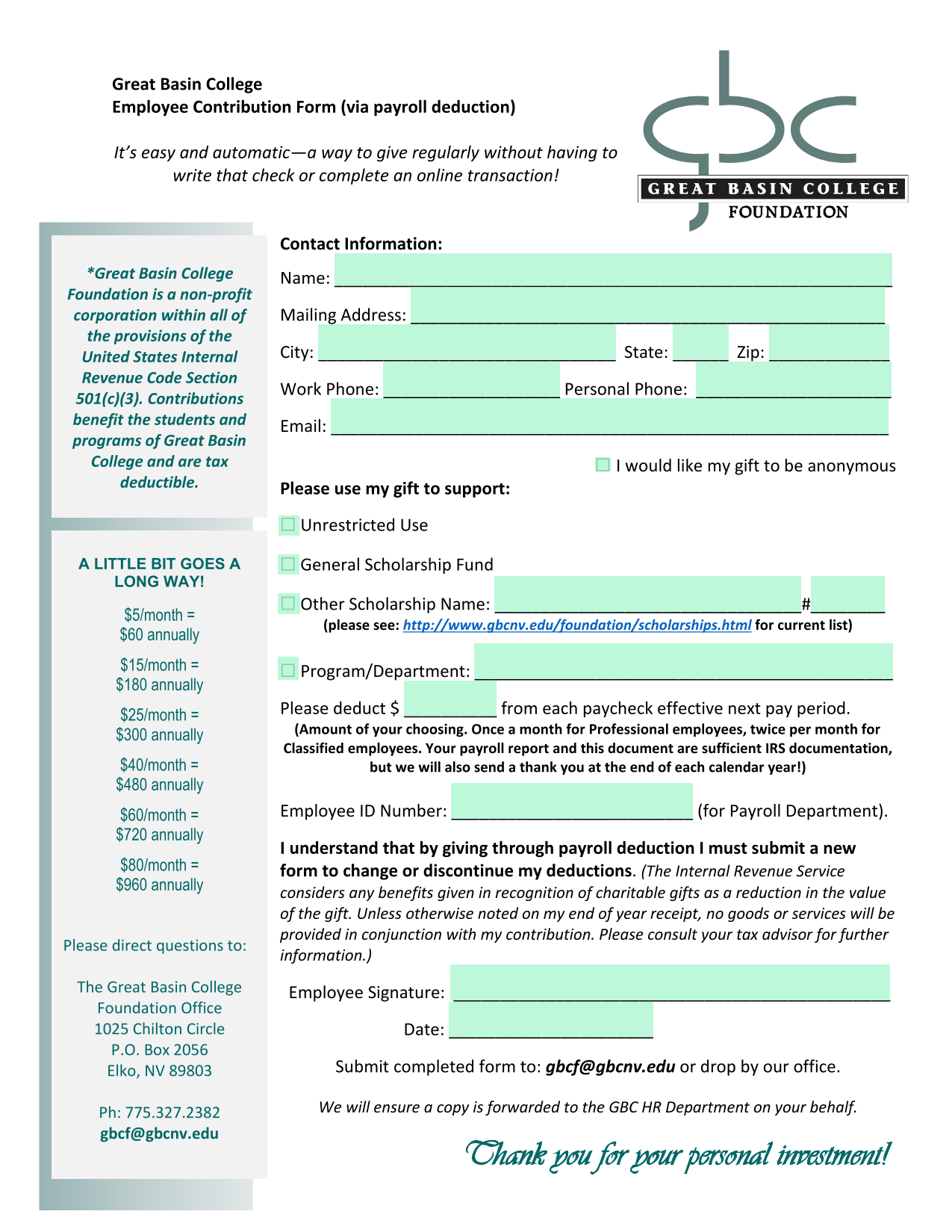 Employee Contribution Form screenshot