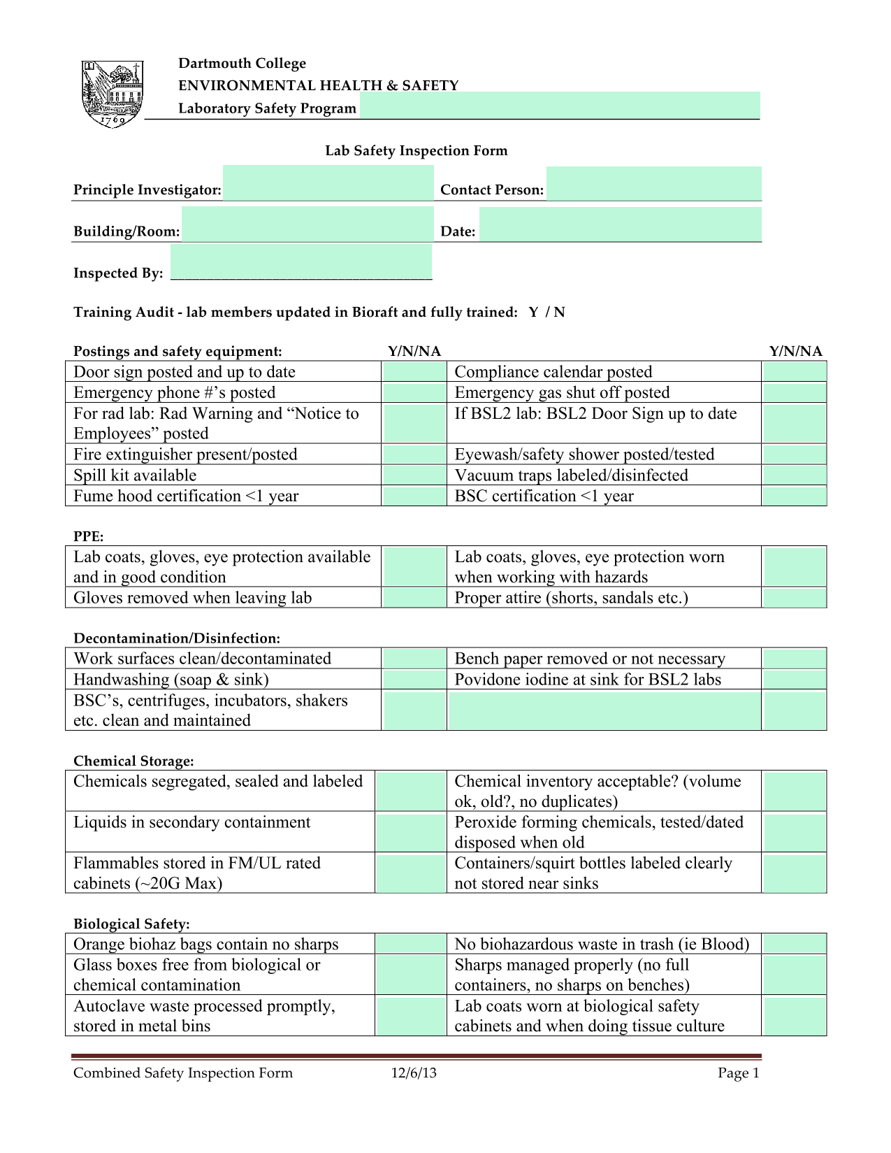 Laboratory Safety Inspection Form screenshot