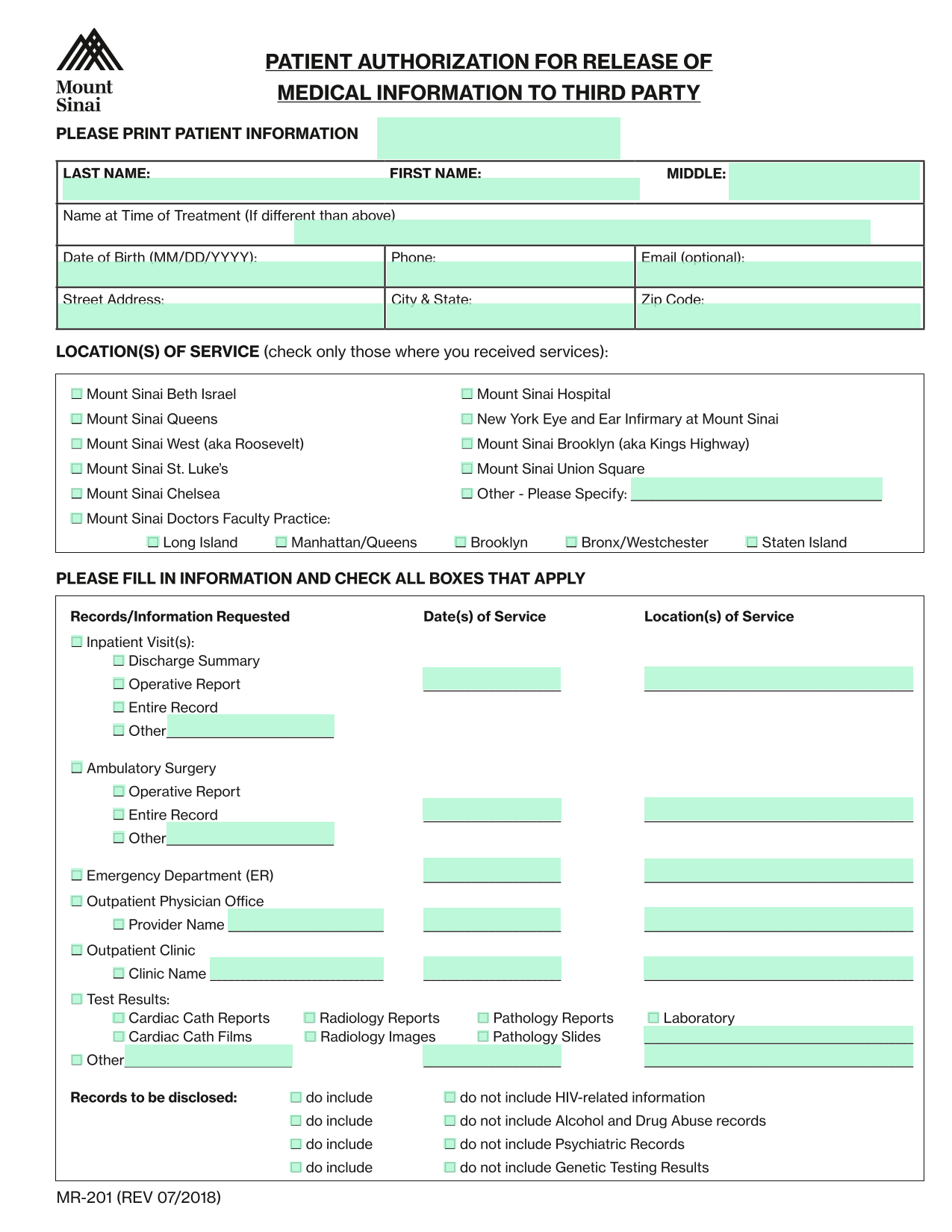 Patient Authorization For Release Of Medical Information To Third Party screenshot