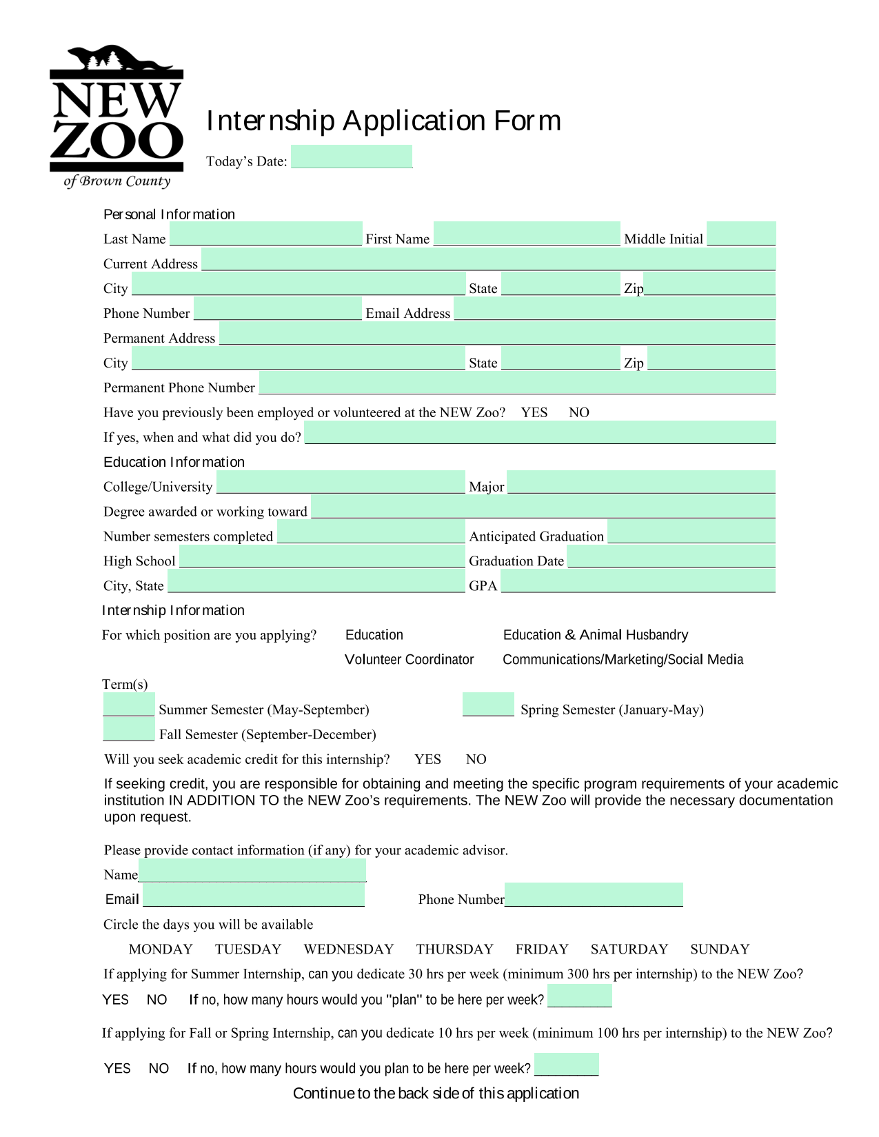 Internship Application Form screenshot