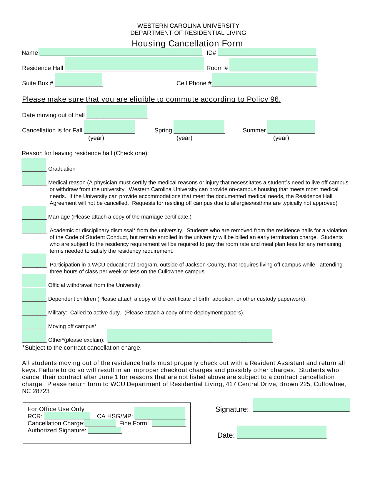 Housing Cancellation Form screenshot