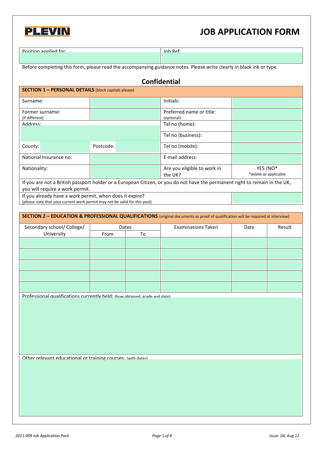 Job Application Form screenshot