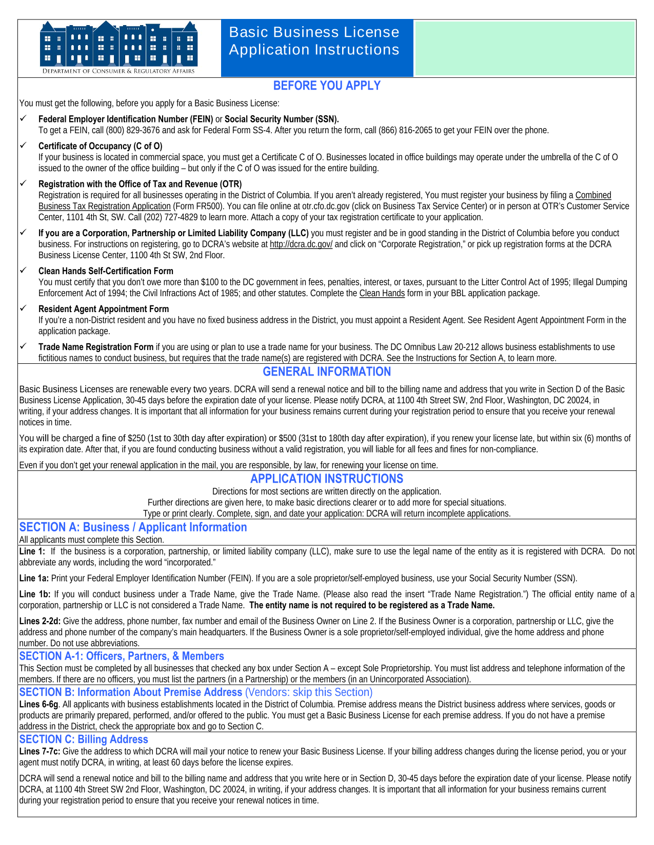Basic Business License Application Instructions screenshot