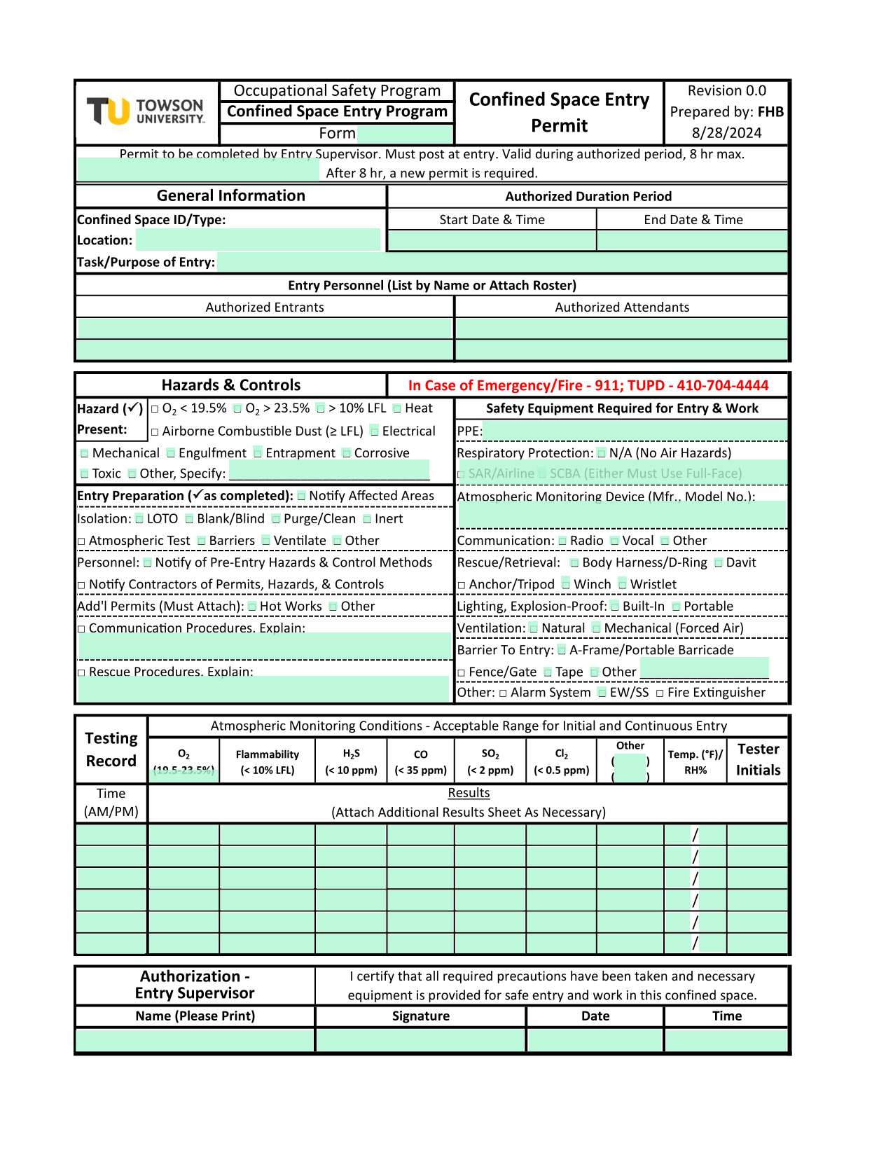 Confined Space Entry Permit screenshot