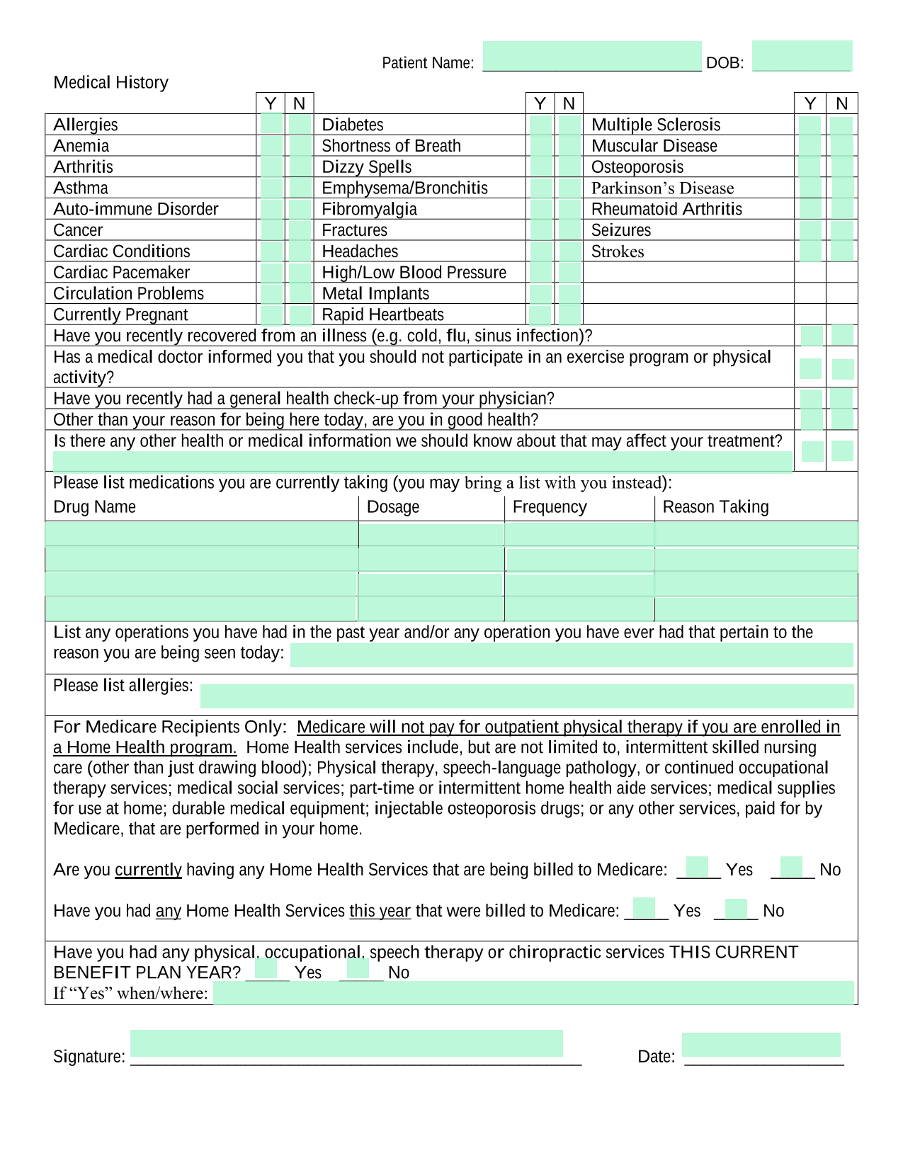 Medical History Form screenshot