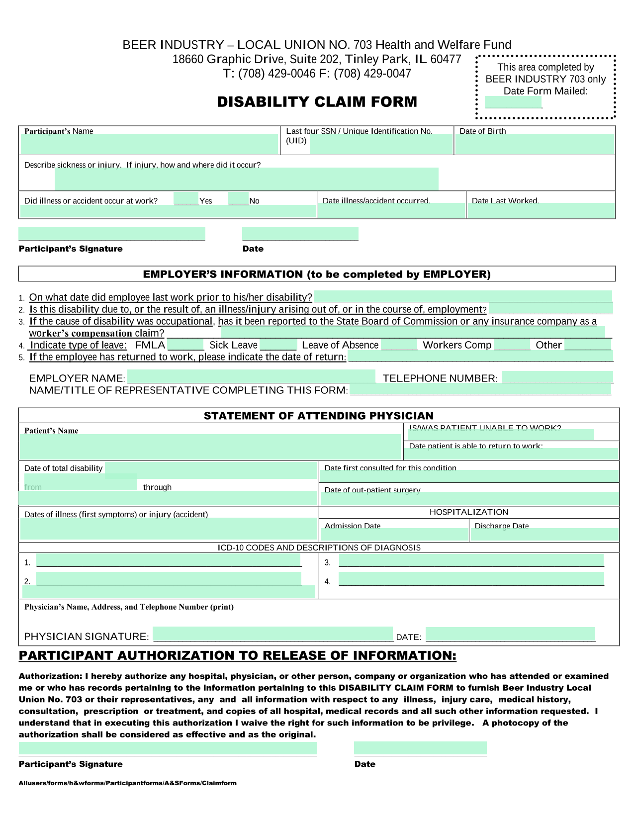 Disability Claim Form screenshot